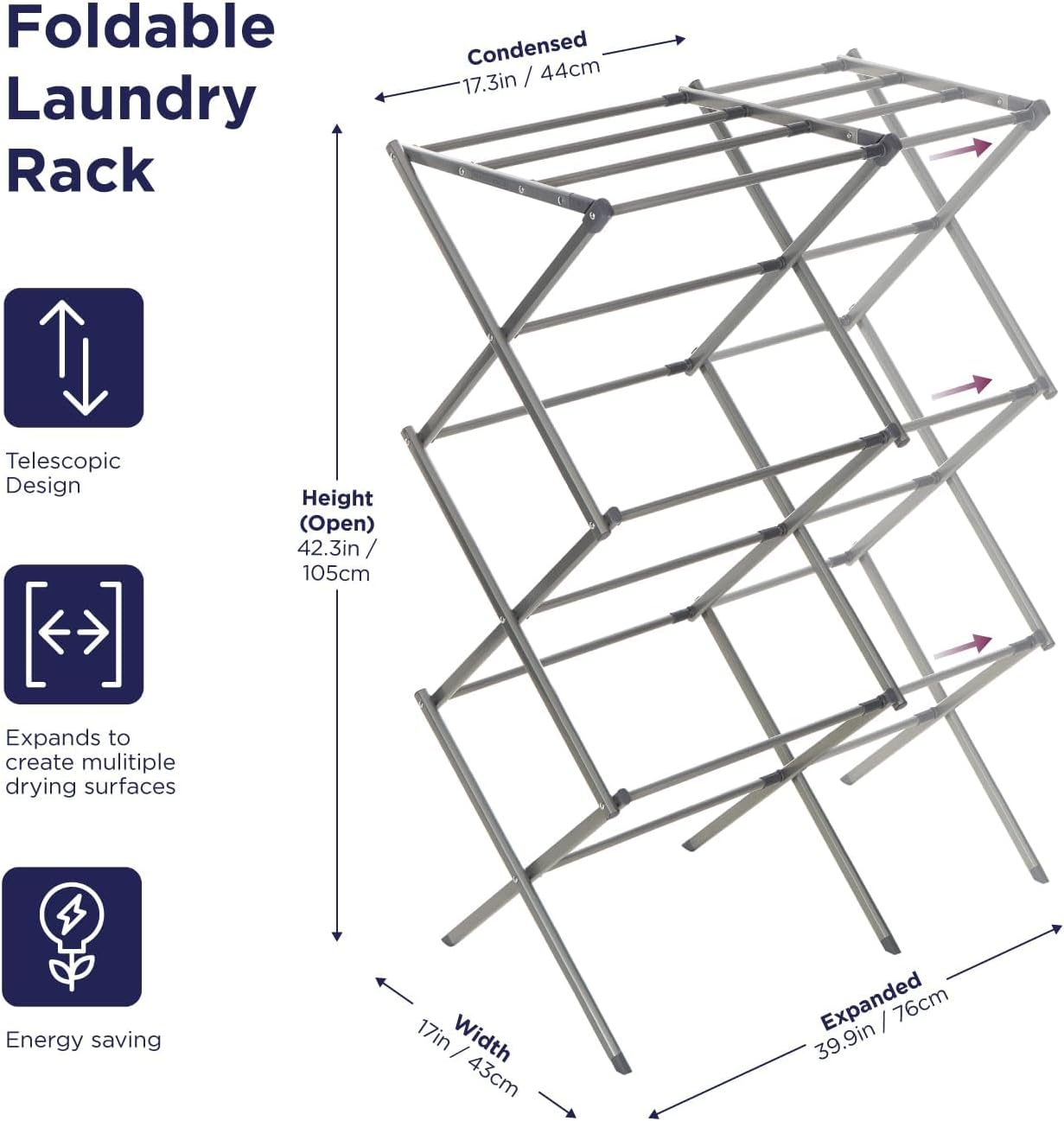 Pre-Assembled Clothes Drying Rack, XICEN Retractable Clothes Rack, Space-Saving Laundry Rack, Expandable Laundry Drying Rack, Towel Rack for Indoor and Outdoor Use (Grey) image number 3