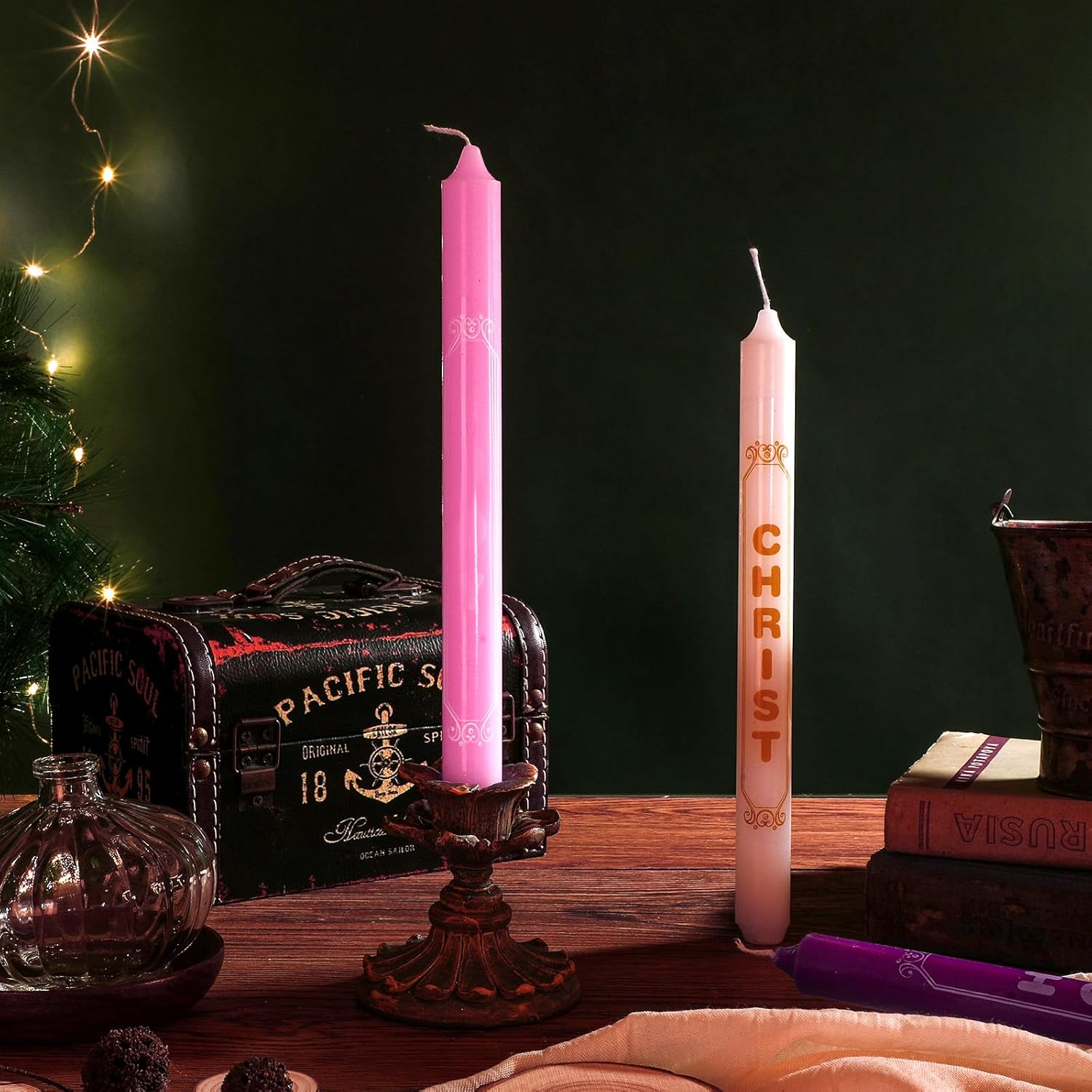 Tondiamo 5 Pieces Christmas Advent Candles with Words Christ, Peace, Joy, Hope White Advent Wreath Candlestick Christmas Advent Candle Taper Candles Purple Candle for Church Advent Wreath Decor