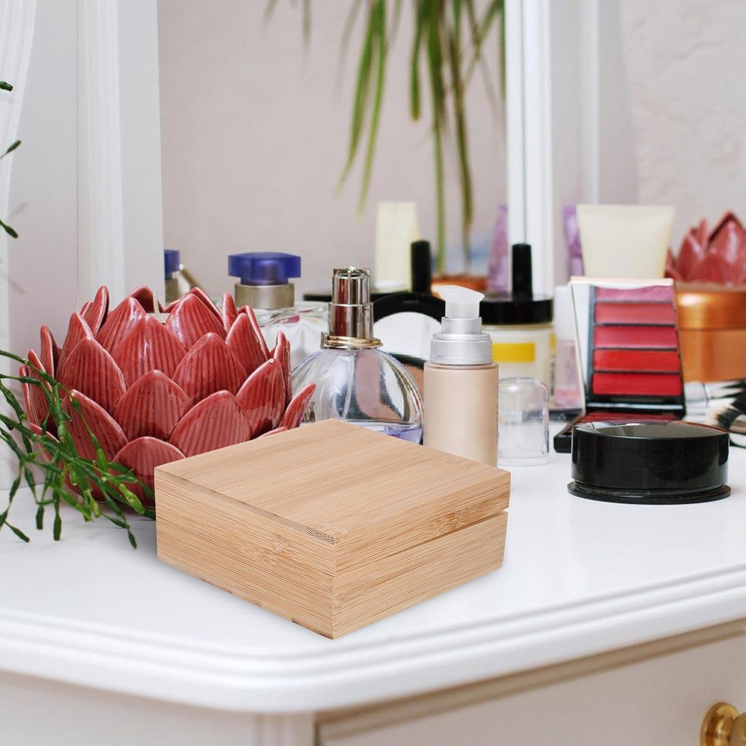 Alipis Square Bamboo Wooden Desktop Storage Box with Lid, Sundries Organizer Case for Home Office, Natural Wood Storage Container for Small Items image number 1