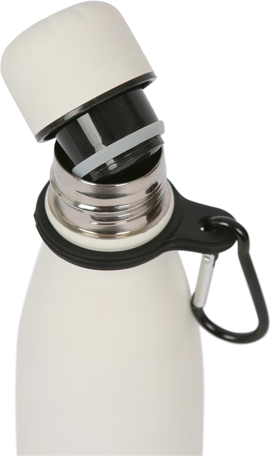 Harbour Housewares Stainless Steel Water Bottle with Carabiner Clip - 500Ml - Matt White - 1X Metal Cold Drink Drinking Vacuum Drinks Flask with Leak Proof Lid for Adults & Kids Gym, Sports, Travel