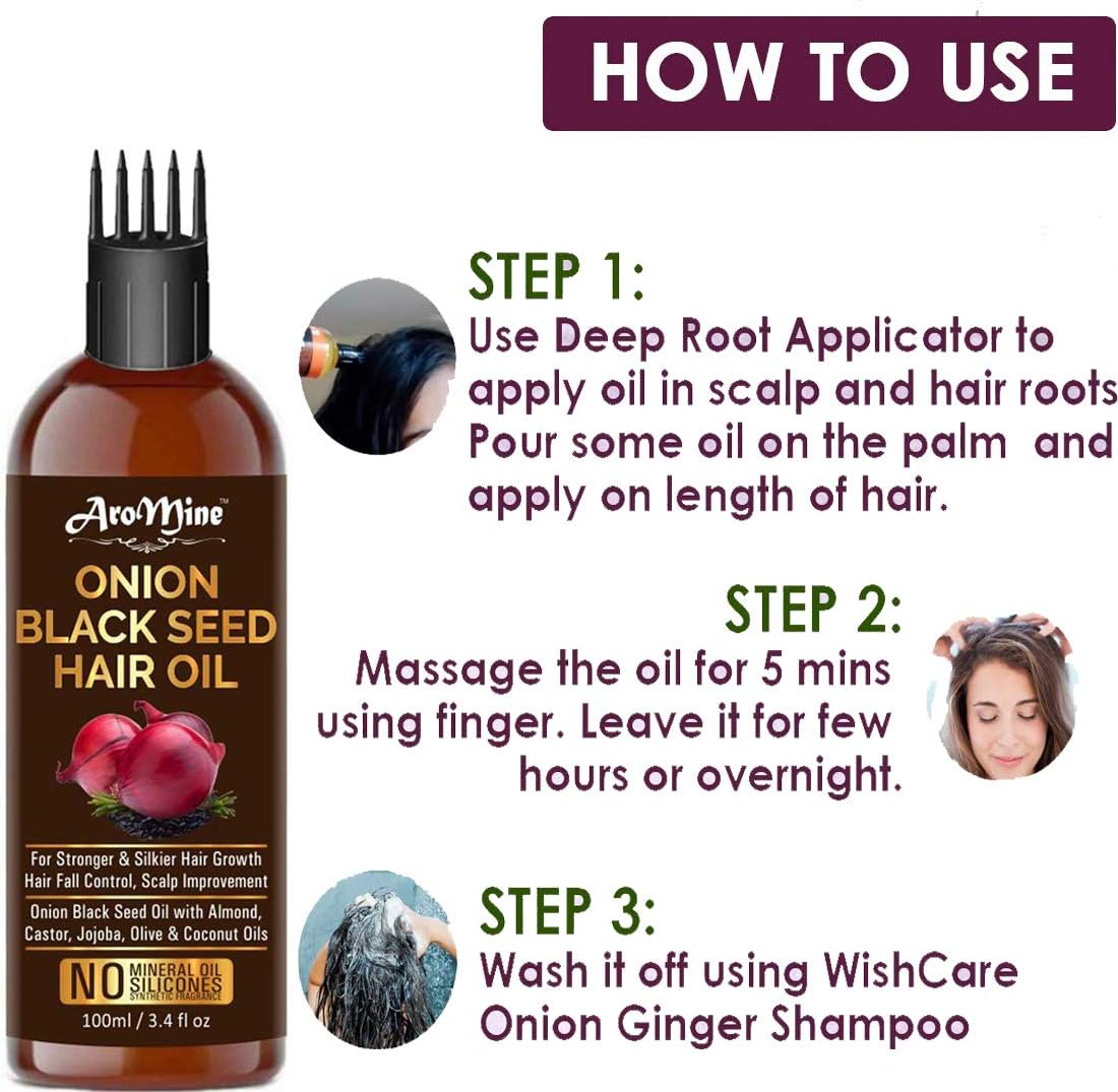 Aromine Onion Blackseed Oil with COMB APPLICATOR - Controls Hair Fall - NO Mineral Oil, Silicones,100Ml image number 2