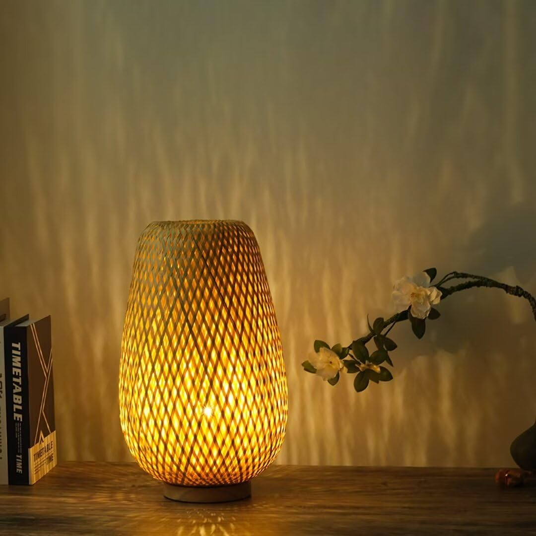 GUANSHAN Bamboo Woven Table Lamp Bamboo Shade Zen Style Table Lighting Decorative Table Lighting Night Light for Bedroom and Living Room