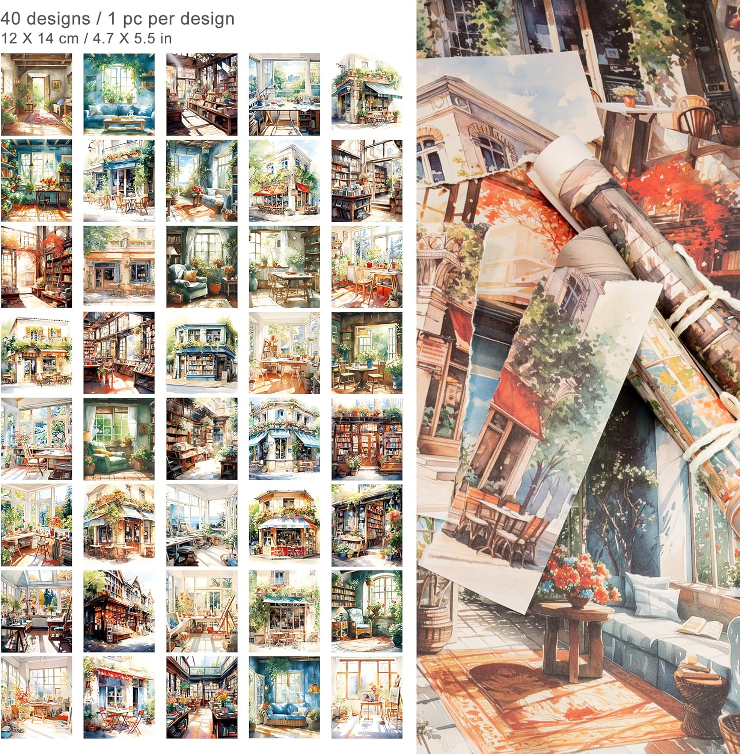 2 Packs Scrapbook Paper Street Natural Scenery Decoupage Background Paper Vintage Watercolor Style Collage Paper with Sticky Pearl for Journal Planner Card Making Crafting Collaging Wrapping (Alva) image number 4