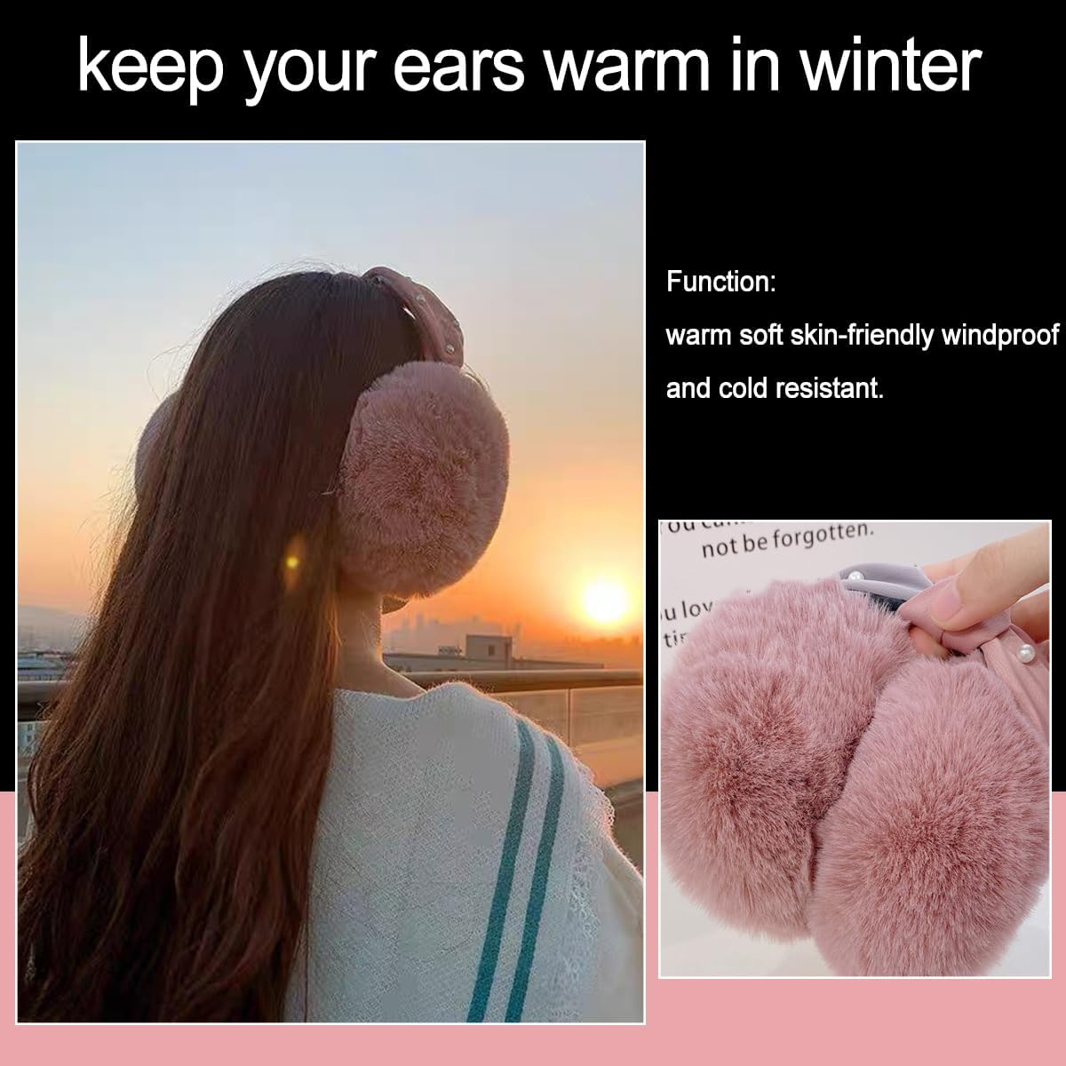 Winter Earmuff,Keep Ear Warm,Folding Warm Pearl Ear Muffs, Fluffy Earmuffs for Girls Women Outdoor (Black)