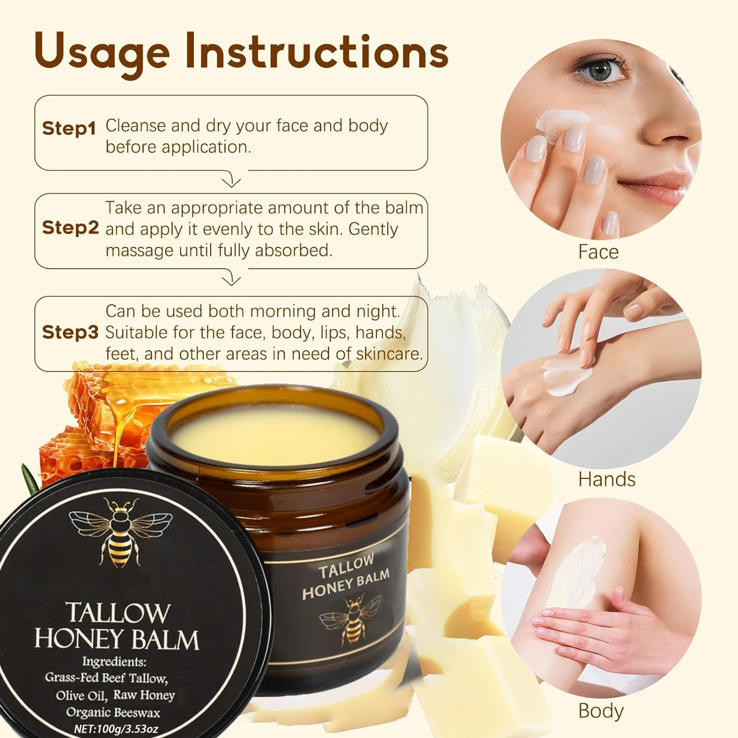 Beef Tallow Moisturiser and Honey Balm，Moisturizing Cream for Soft, Smooth Skin - Handmade All-Natural Moisturizer (2 Oz Lavender) image number 4