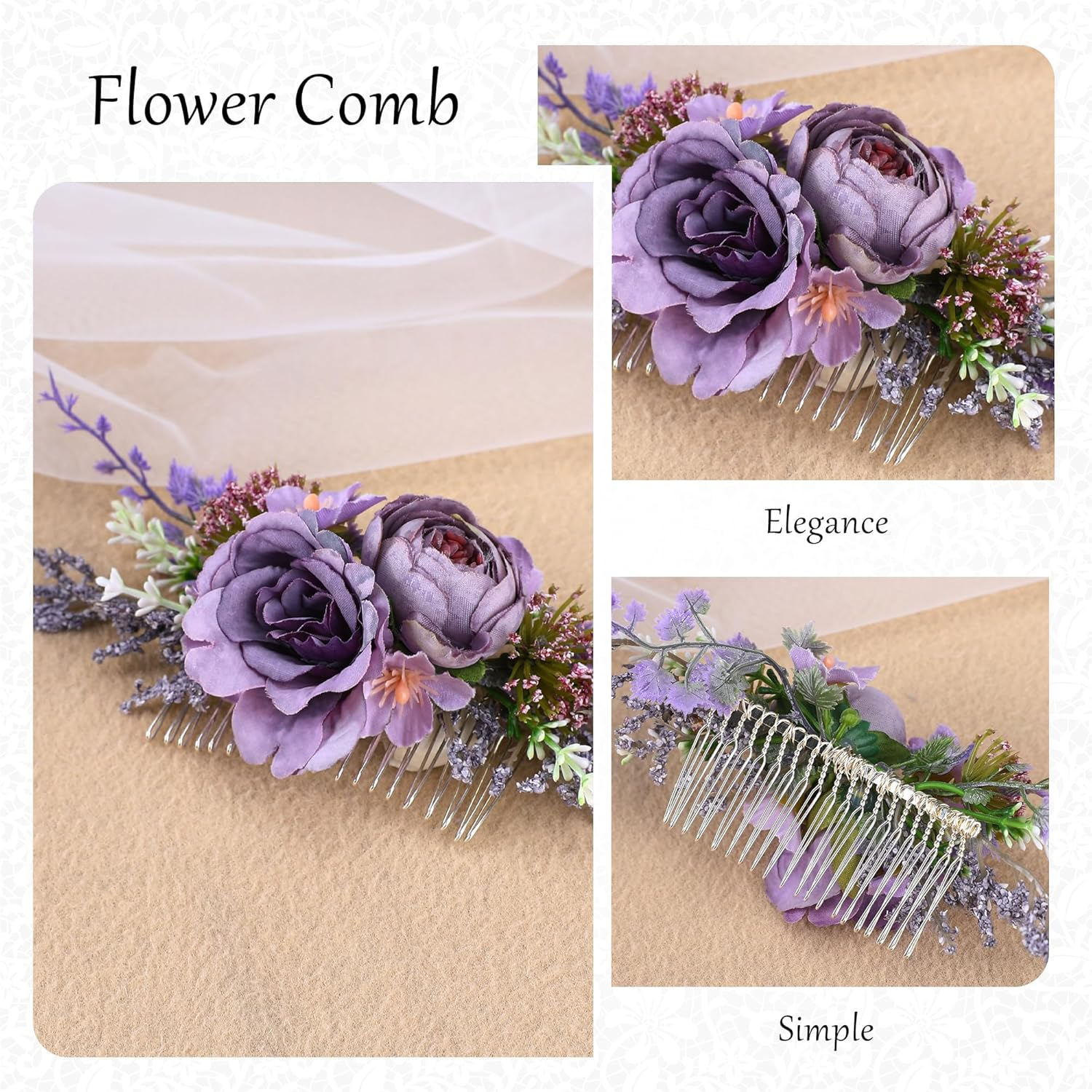 Partyforu Purple Flower Hair Comb for Women Handmade Wedding Combs Bridal Comb for Bride Bridesmaid Prom Bridal Shower Maternity Shoot image number 3