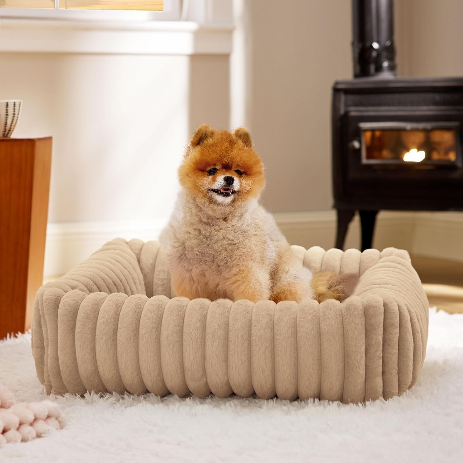 Pet Couch Bed for Small Medium Dogs, Cats - Washable Furry Puppy Beds, Rectangle Orthopedic Corduroy Fleece Pet Beds with Removable Zipper Cover (Beige, 63 X 53 X18 CM) image number 2