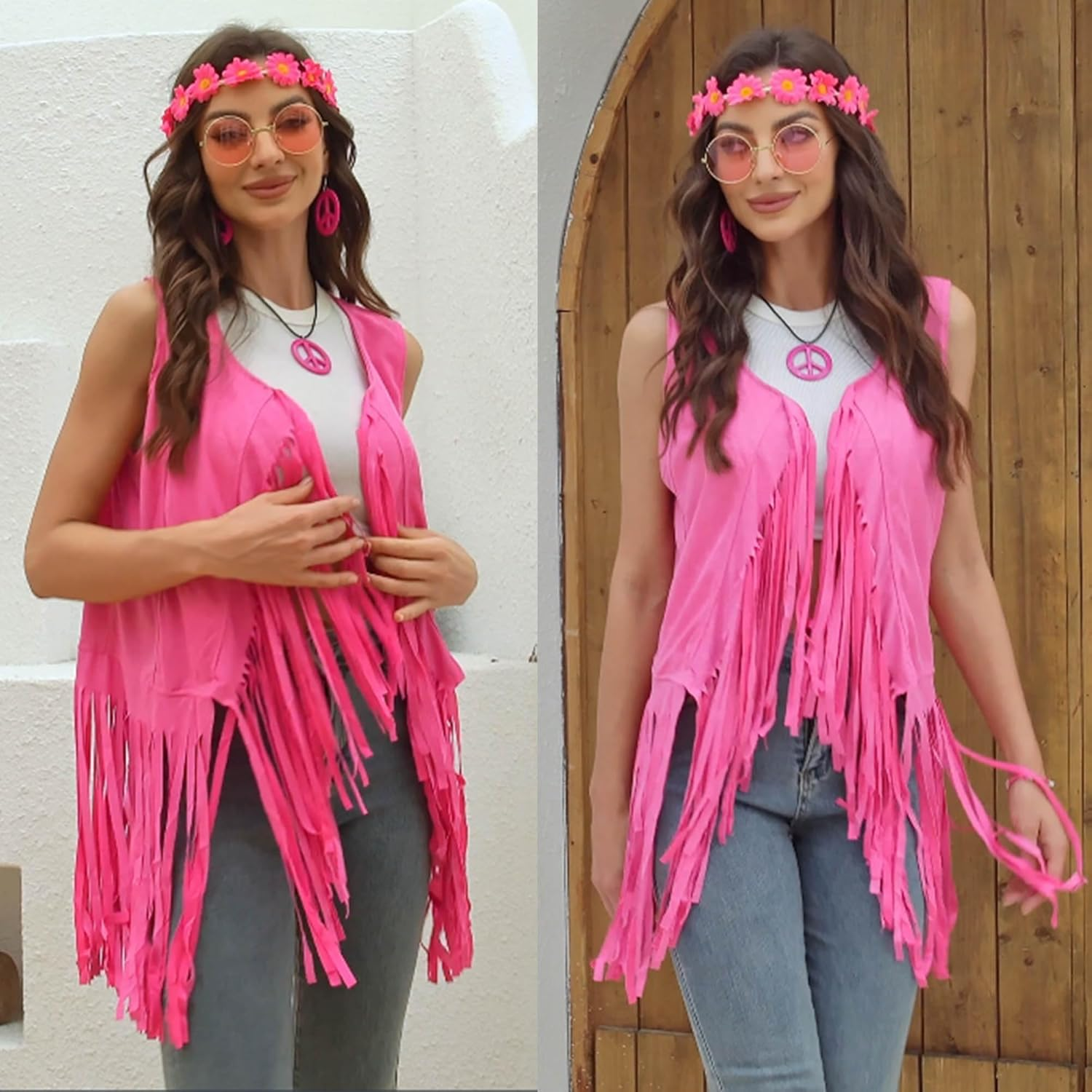 70S 80S Hippie Costume Women Fringe Vest Set Cowgirl Costume 70S Disco Outfit with Accessories, Earrings,Headband image number 5
