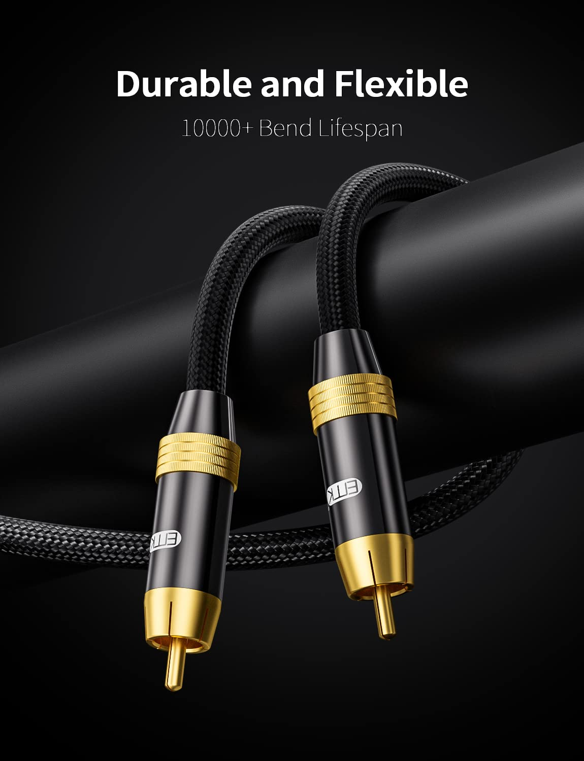 EMK Subwoofer Cable, Digital Coaxial Audio Cable [24K Gold-Plated, Durable Cotton] Premium S/PDIF RCA Male to RCA Male for Home Theater, Soundbar,Speaker,Hdtv, Subwoofer, Hi-Fi Systems (Black-3.3Ft/1M) image number 3