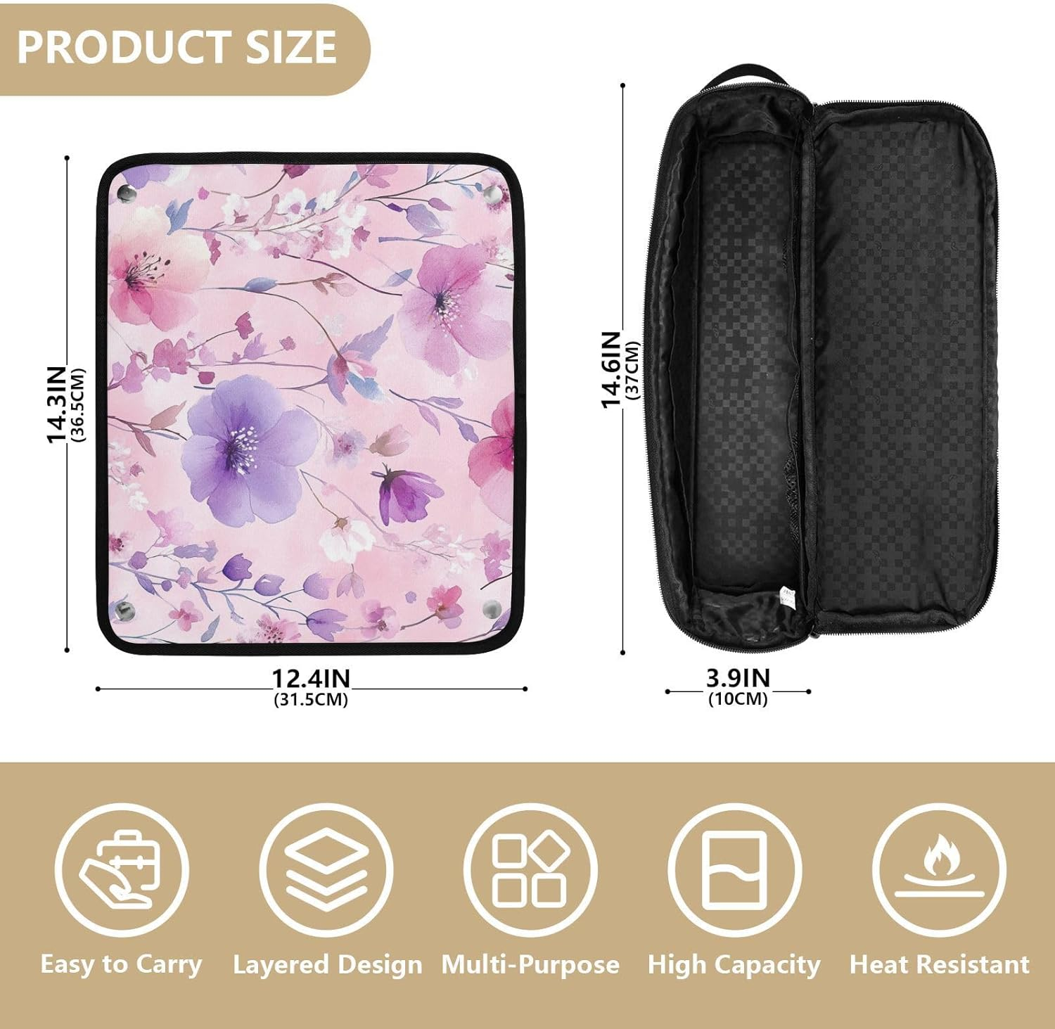Hair Tool Travel Bag for Women with Removable Heat Resistant Mat Large Hair Straigheners Travel Case for Flat Irons, Straighteners, Curling Irons, Flowers Peach Purple Travel Bag for Hair, Flowers image number 4
