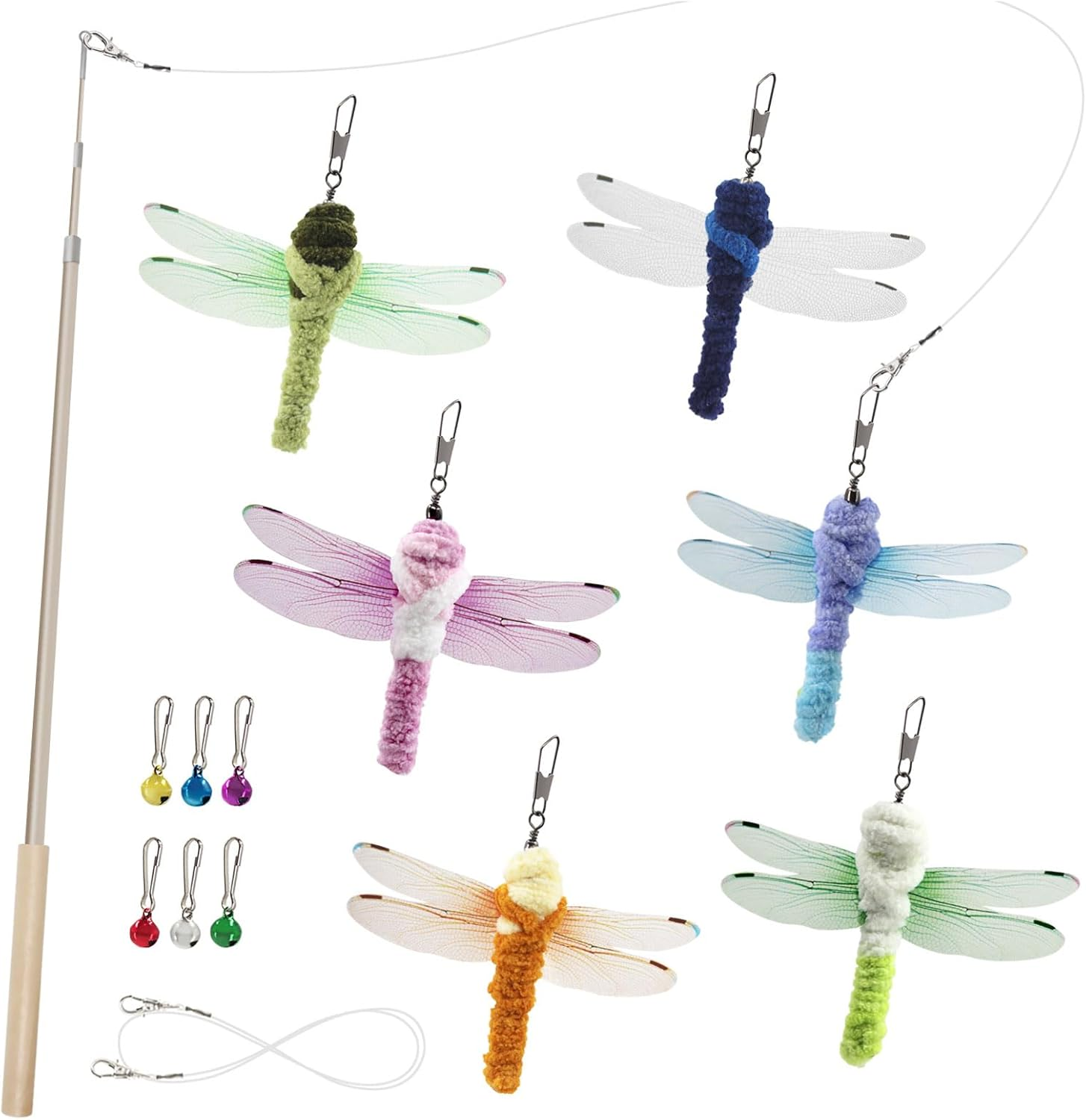 SONGWAY Interactive Cat Feather Toy Set- 6 Pcs Dragonfly Retractable Teaser Wand with Feather Refills with Bell， Cat Feather Toys for Indoor Cats