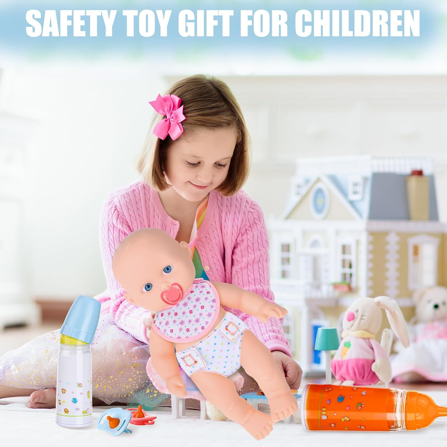 Shappy 10 Pcs Baby Doll Accessories Set Includes Baby Doll Diapers Bottles Pacifier Bibs Baby Caring and Feeding Accessories Set Stuff for Boys Girls Christmas Birthday Gift, as the Pictures Shown image number 1