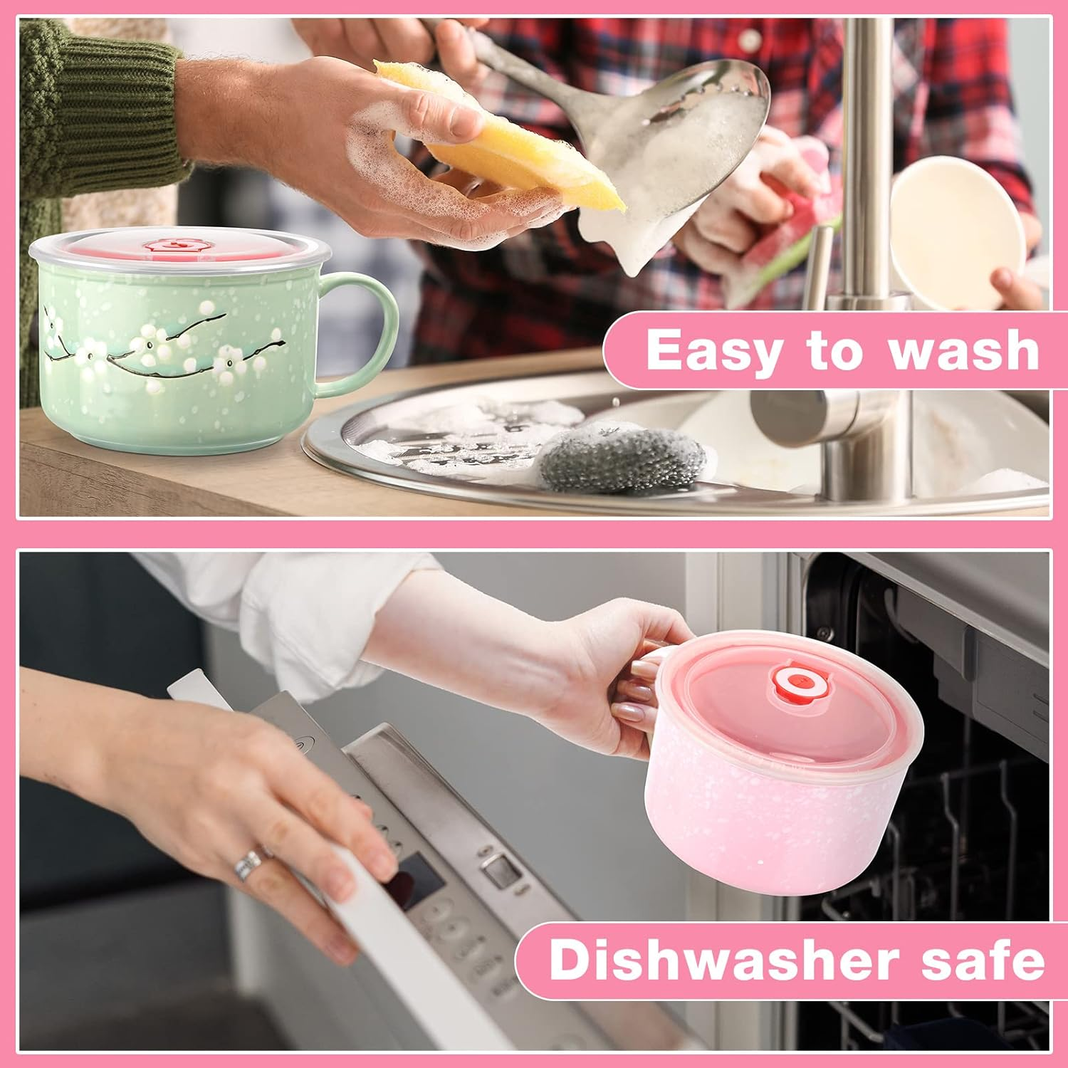 SEEWEY 2 Pcs Floral Ceramic Bowl with Lid and Handle 30 Oz Soup Bowls Heat Preservation Instant Noodles Mug Soup Cup Microwavable Bowls for Ramen Noodle Cereal Travel image number 1