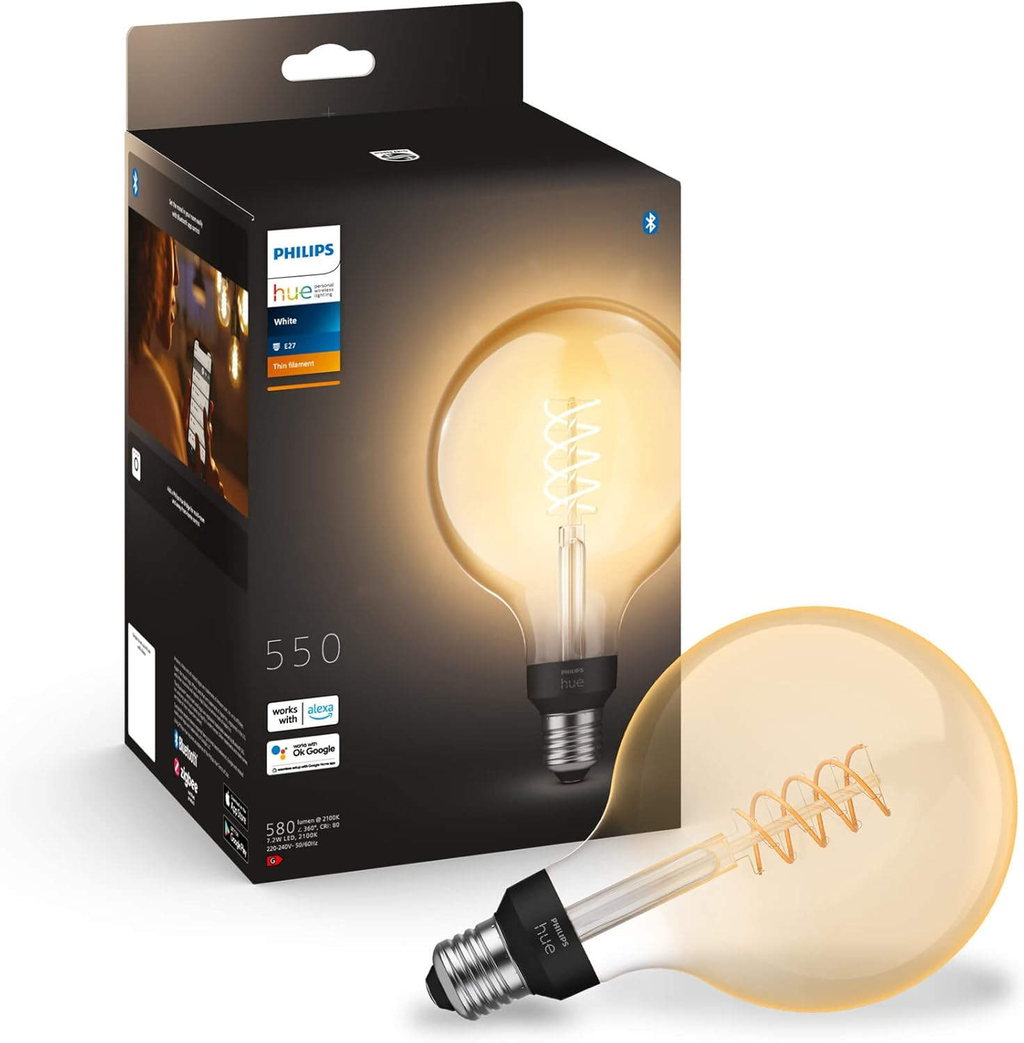 Philips Hue White E27 Filament ST64 550Lm, Warm White Light, Dimmable, Controllable via App, Compatible with Amazon Alexa (Echo, Echo Dot)