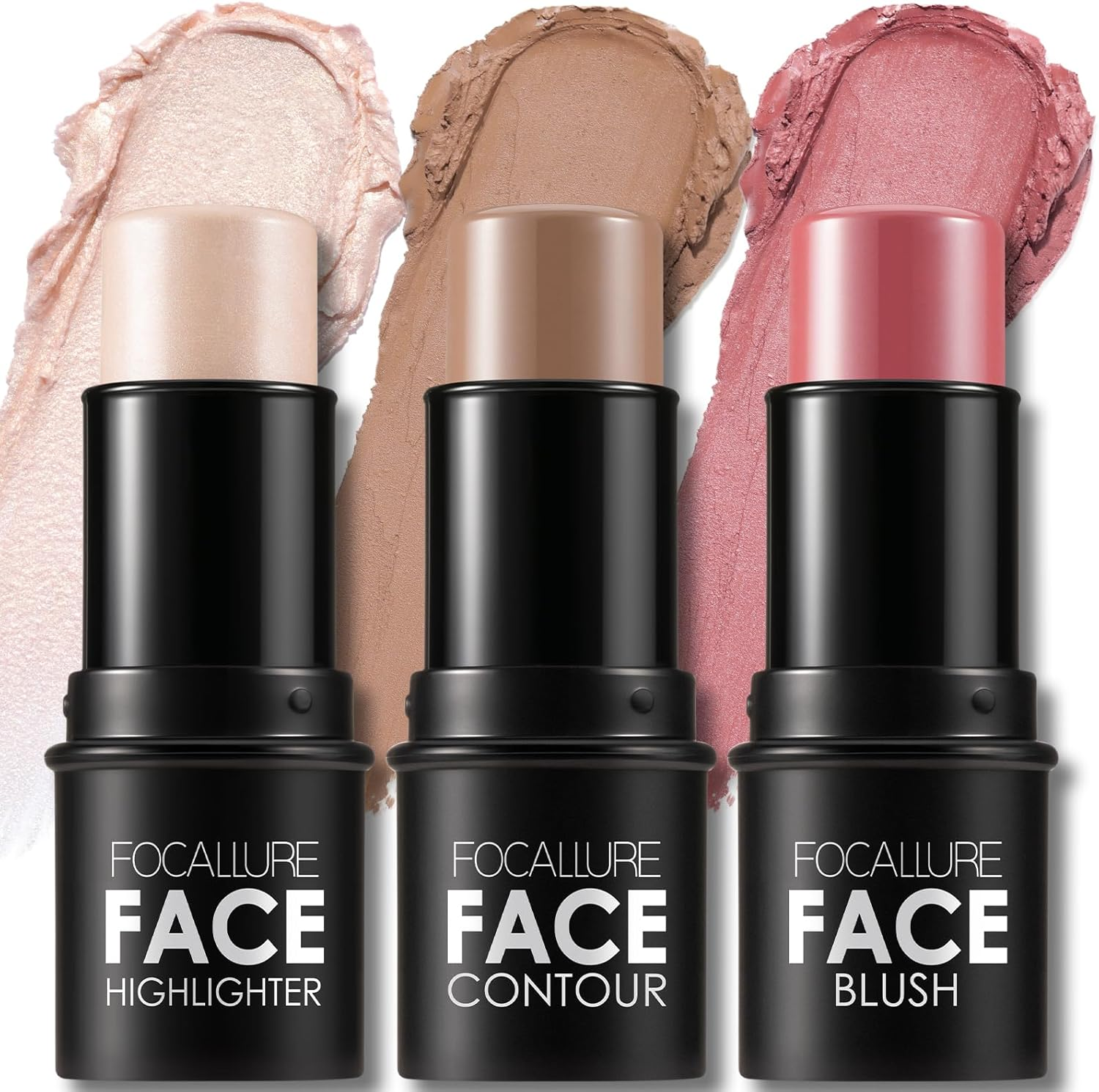 Focallure 3 Pcs Cream Contour Sticks,Shades with Highlighter & Bronzer Blush,Non-Greasy and Water-Resistant Face Contouring Pen,Easy to Sculpt the Create a Finishing Makeup,Neutral,18 Gram