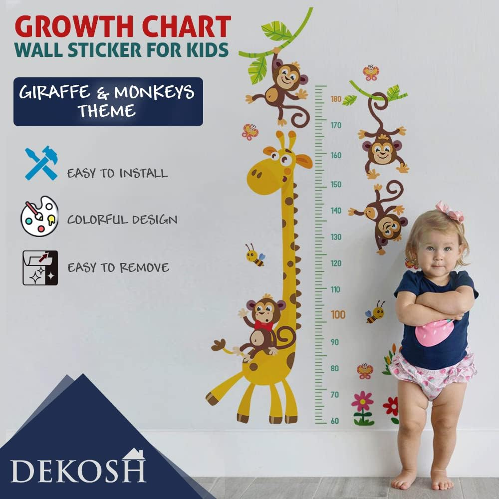 DEKOSH Kids Room and Baby Nursery Giraffe Monkeys and Height Chart Wall Decal Set Peel and Stick Wall Stickers for Kids Playroom