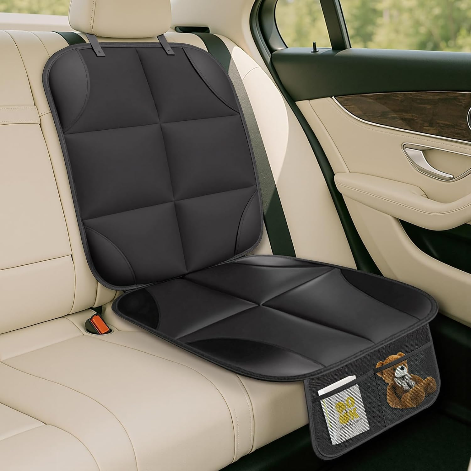 AUSELECT Car Seat Protector - 1 Pack Car Seat Protection Pad for Toddler, Child, Baby & Pets, Waterproof Car Seat Cover with Thick Padding and Non-Slip Backing Mesh Storage Pockets - Universal Size