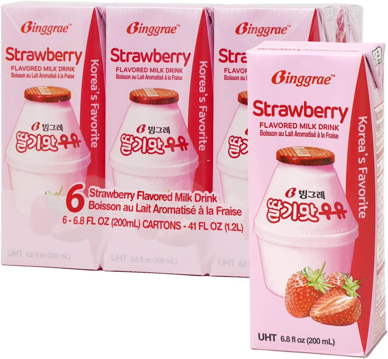 Binggrae Strawberry Milk Drink 200 Ml (Pack of 6) image number 1
