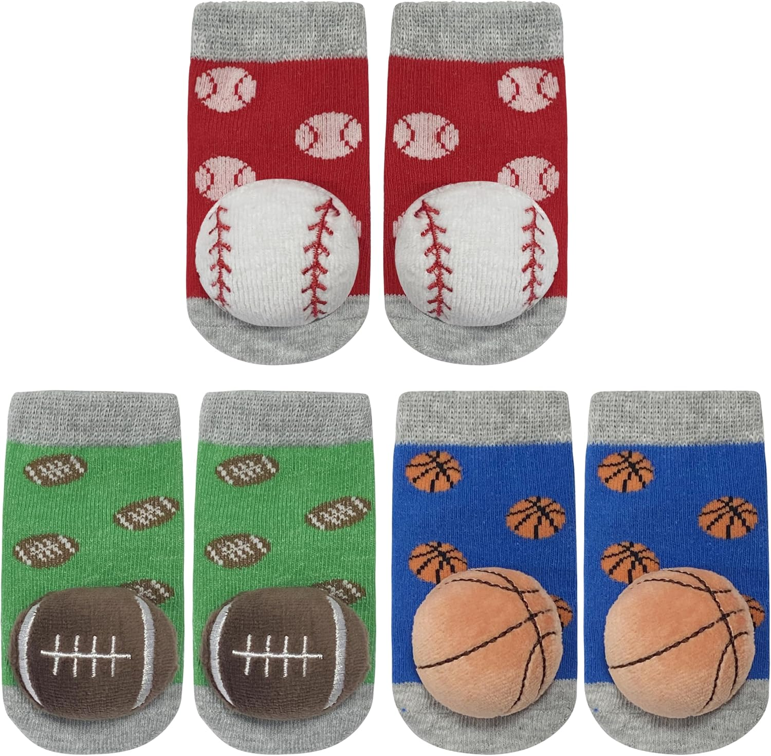 PUPPET Baby Boys Rattle Socks for 0-6 Months 3-Pack Sports Socks Set Baseball Rugby Basketball image number 5