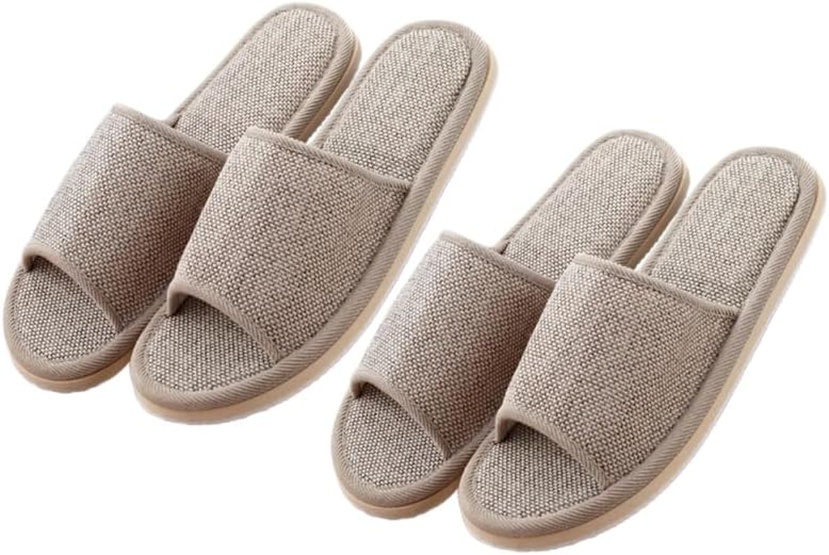 2Pairs Summer Slippers - 26Cm Non Slip Eva Bottom Cotton Linen Slippers Lightweight for Home Hotels and Guest Use Beige image number 3