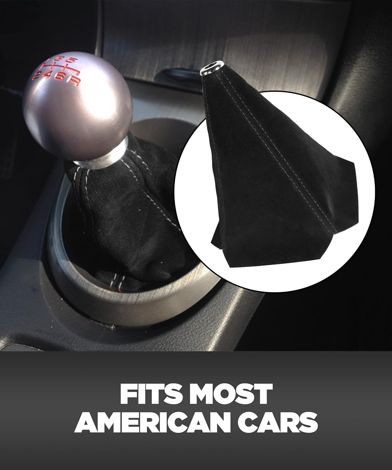 YAKEFLY Universal Car Shift Boots Shift Knob Dust Cover MT Gear Shift Cover,Pu Leather Shifter Boot Retainer Stick Shift Sleeve Gear Shifter Boot Gear Gaiter Cover (Black Suede/Stitching)