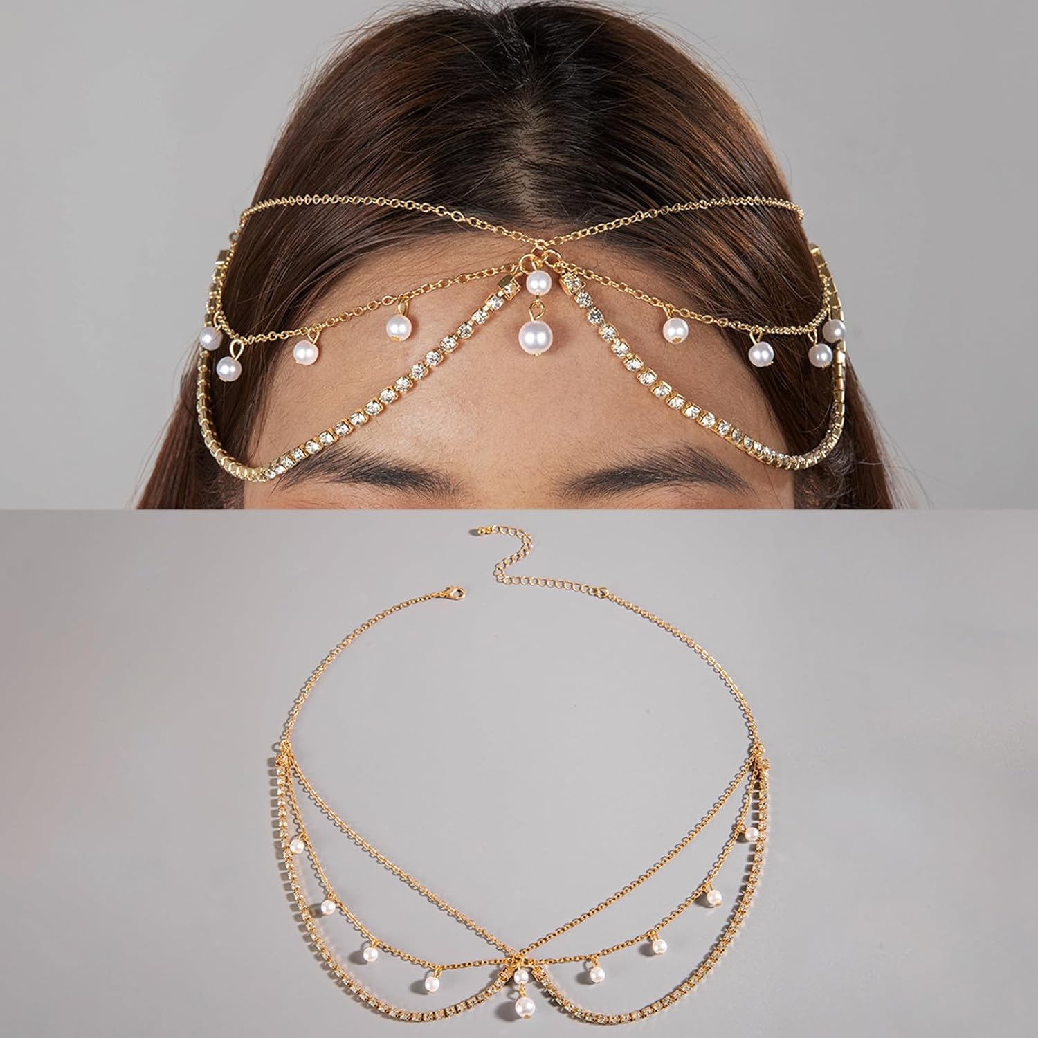 Gold Tassels Bridal Headpiece, Sequin Head Chain, Headpiece with Rhinestones and Pearls, Bridal and Wedding Accessories, for Weddings, Parties, Balls image number 1