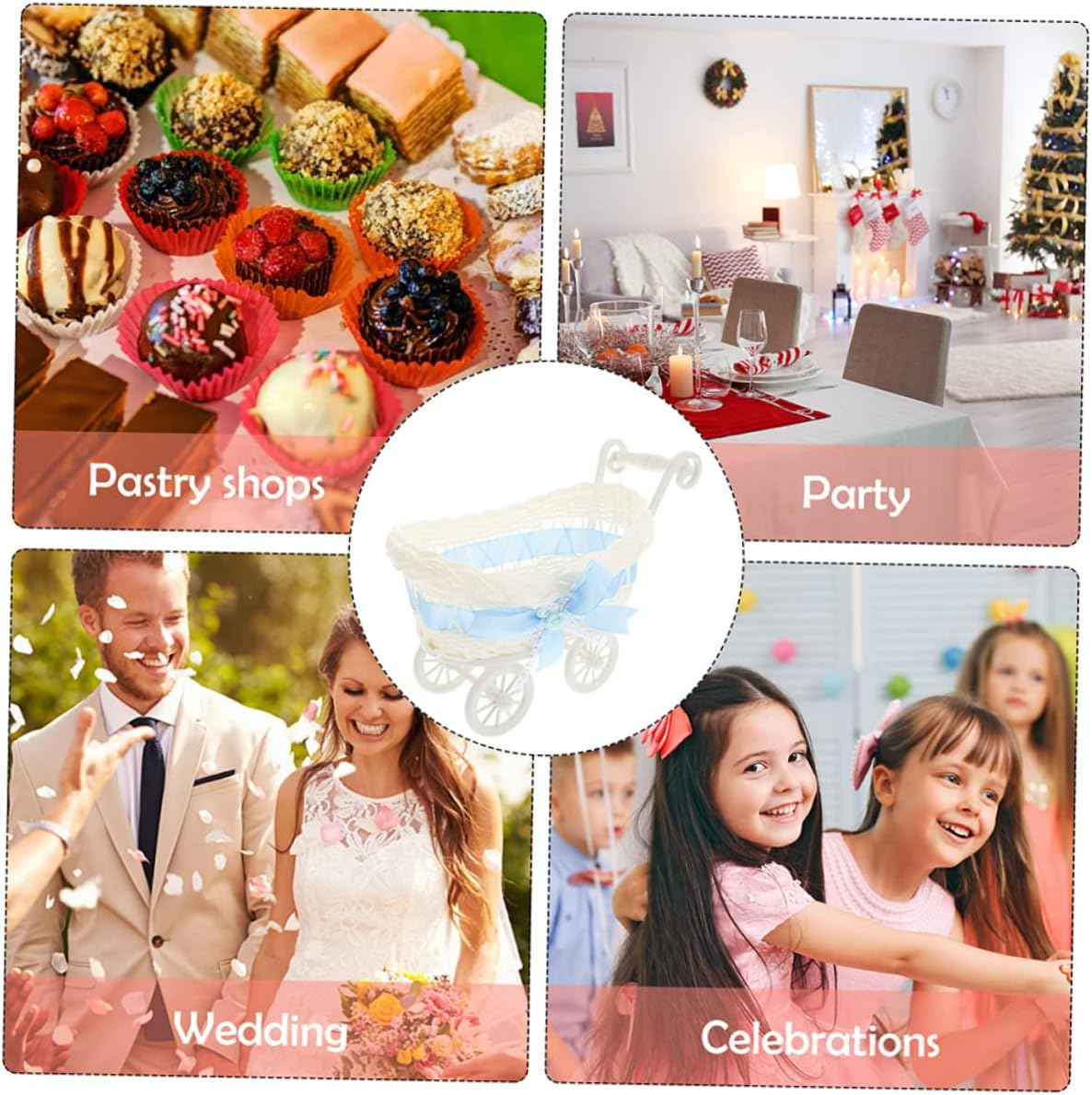 2Pcs Woven Trolley Flower Basket for Shower and Wedding Decoration Multi Function Candy Baskets for Favors and Storage Durable and Stylish Design image number 6