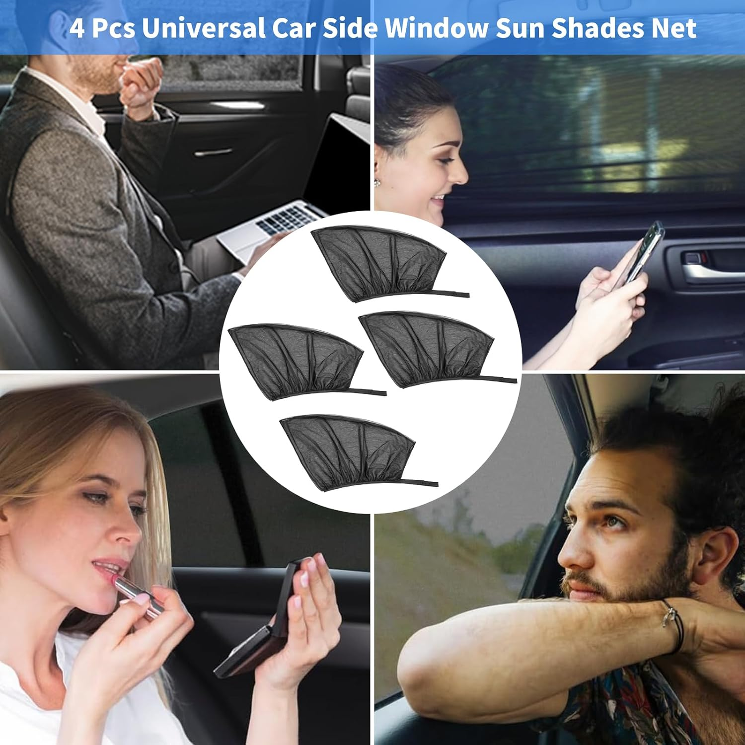 4 Pcs Universal Car Side Window Sun Shades Net, Car Rear Window Breathable Mesh Protects from Sun Glare Burn Heats & UV Rays, Auto Vehicle Side Window Curtain Sun Visor Net for Family (SUV) image number 6