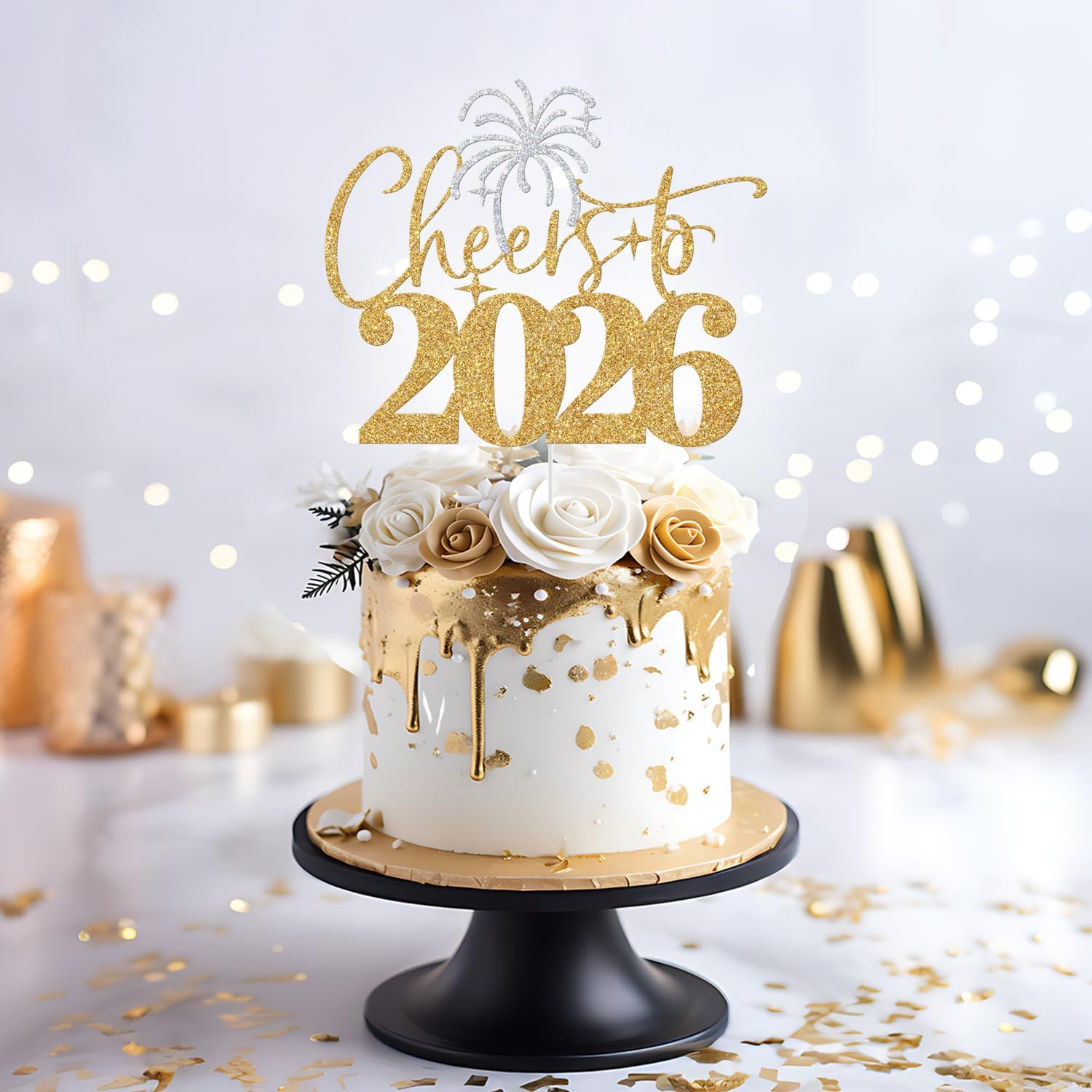 Cheers to 2025 Cake Topper, Happy 2025 Cake Decoration, Hello 2025, New Year Eve Party Decoration, Happy New Year Party Decorations Gold & Sliver Glitter image number 2