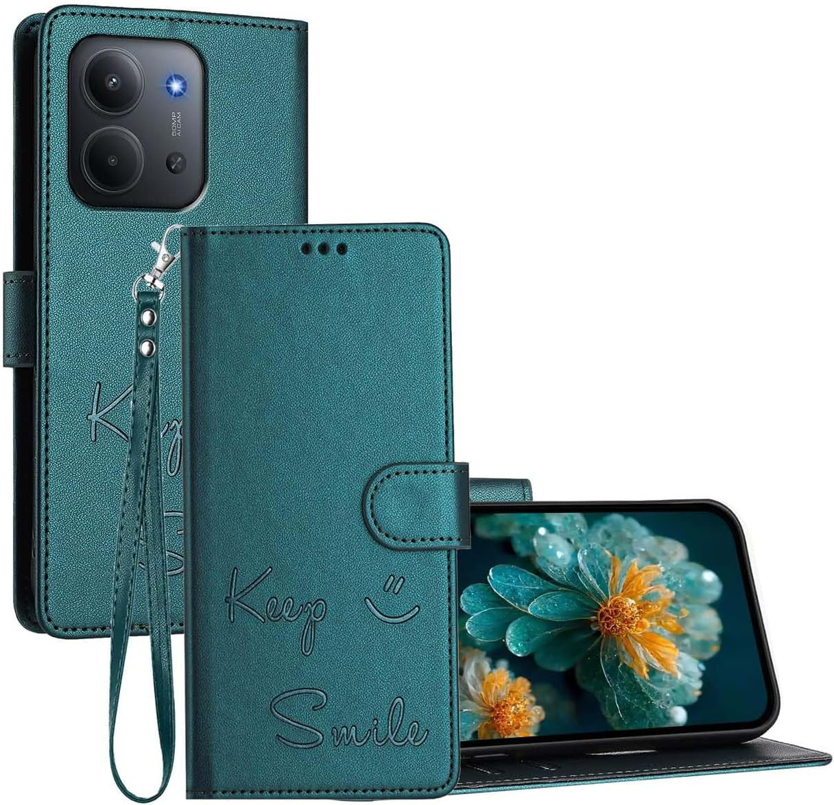 YUEQIAN Case for Xiaomi Redmi 15C 4G Protective Case, Embossed Letters Premium PU Leather Flip Wallet Shockproof Mobile Phone Case with Stand/Card Slot/Rfid Protection, Green