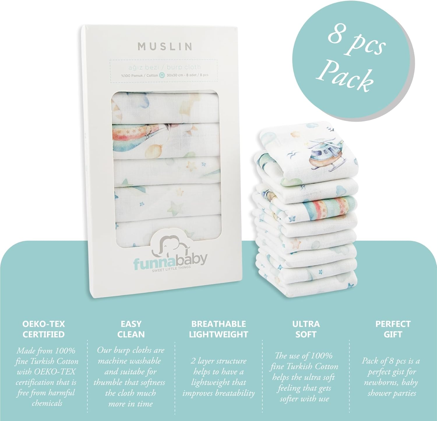 Funnababy Baby Muslin Cloths for Newborn &ndash; Pack of 8, Thin and Quick Dry, Extra Soft Face Muslin, 100% Cotton, Fabric Washcloth, Square Cloth for 0-6 Months, Starter Baby Essential, 30X30 Cm image number 4