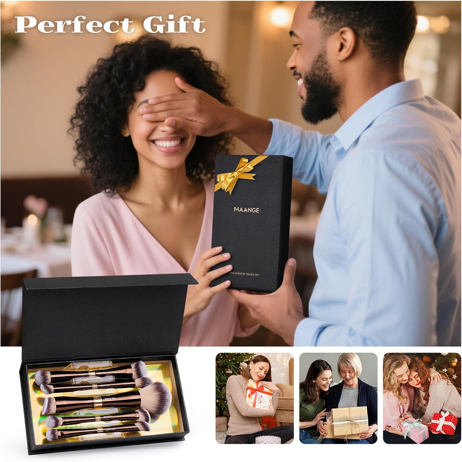 MAANGE Luxury 5 Piece Coffee Gold Makeup Brush Set - Dual Ended Professional Foundation & Eyeshadow Brush with Travel Bag | Premium Gift for Women - 8 Pcs image number 3