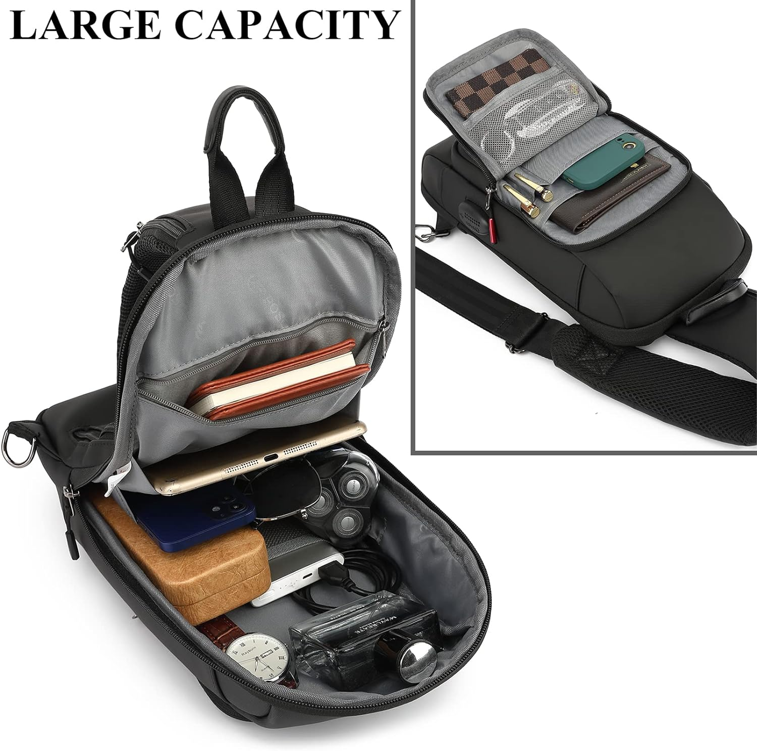 Qiccijoo Sling Bag Crossbody Backpack for Men Women Small Sling Backpack Travel Hiking Backpack with USB Charger Port anti Theft Shoulder Bag Multipurpose Chest Bag(Black)