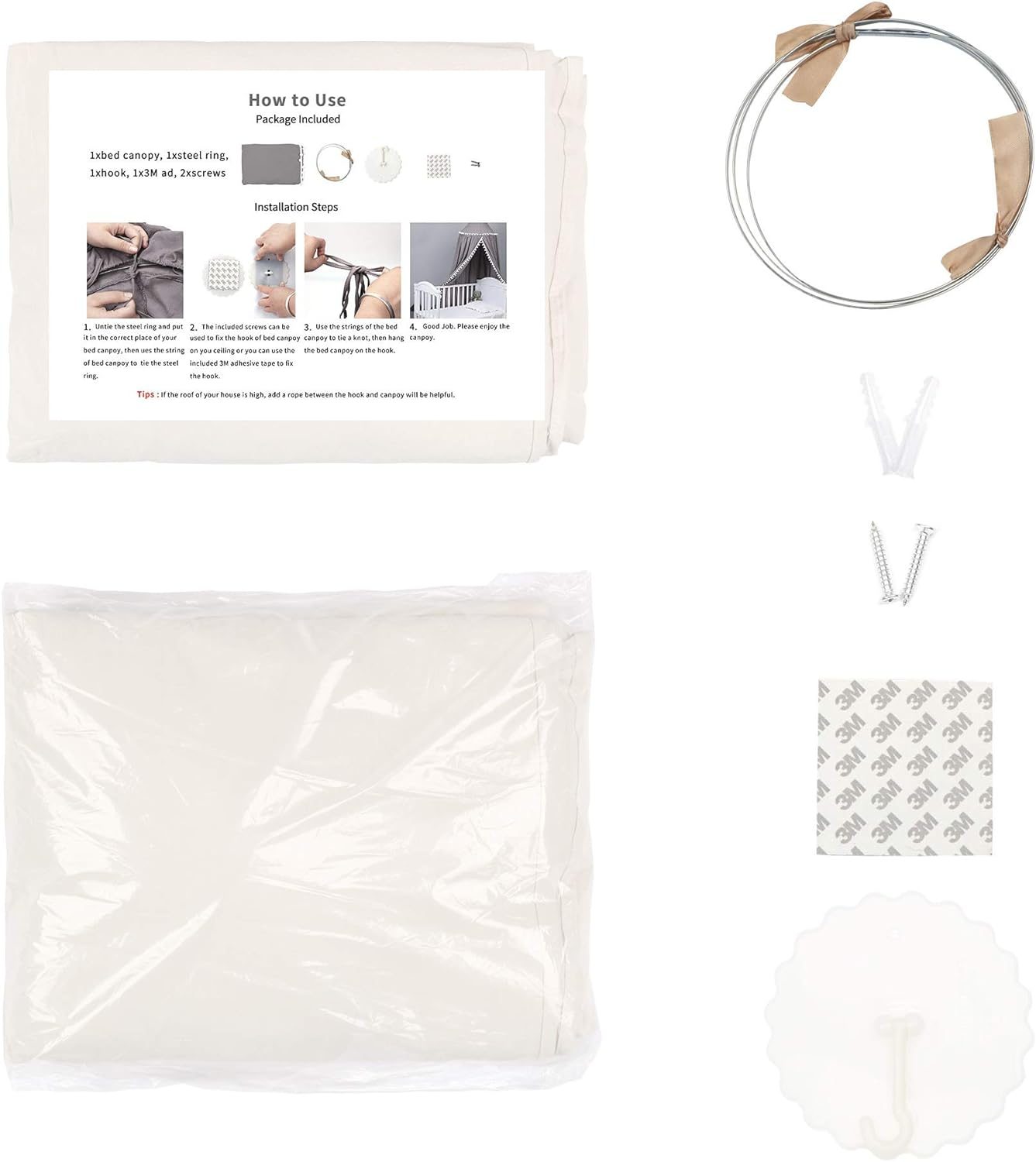 IBIZA VIBE MAMERIA Kids Bed Canopy with Frills Cotton Cover Net for Baby Crib Reading Nook Curtain Hideaway Hanging round Tent Nursery Bedding Play Room Decor - Beige image number 4