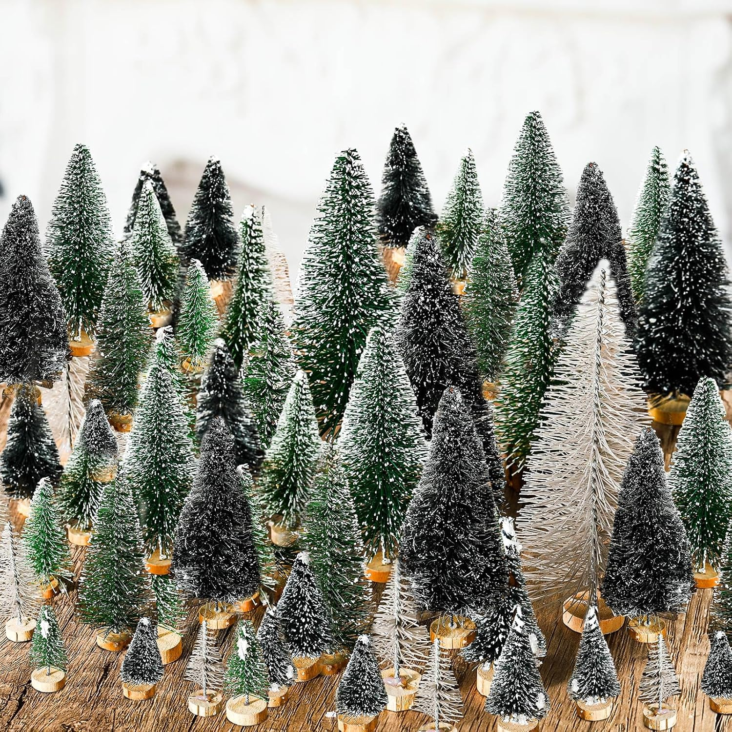 Riceshoot 90 Pcs Mini Christmas Trees with Wooden Base, 5 Sizes, 3 Colors, Artificial Sisal Silk Trees for Crafts, Table Decorations, Home, Office, Car image number 2