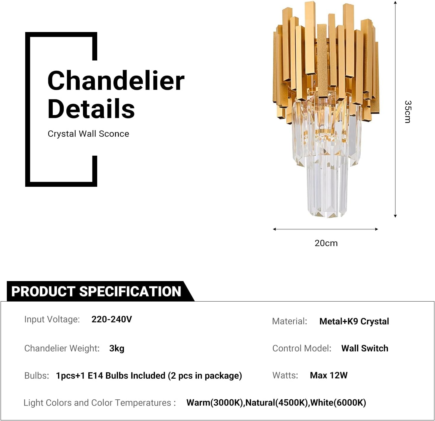 USOR Gold Crystal Wall Light Modern Crystal Wall Mount Lighting Fixture Pendant Wall Sconce for Bedroom Living Room Hallway image number 4