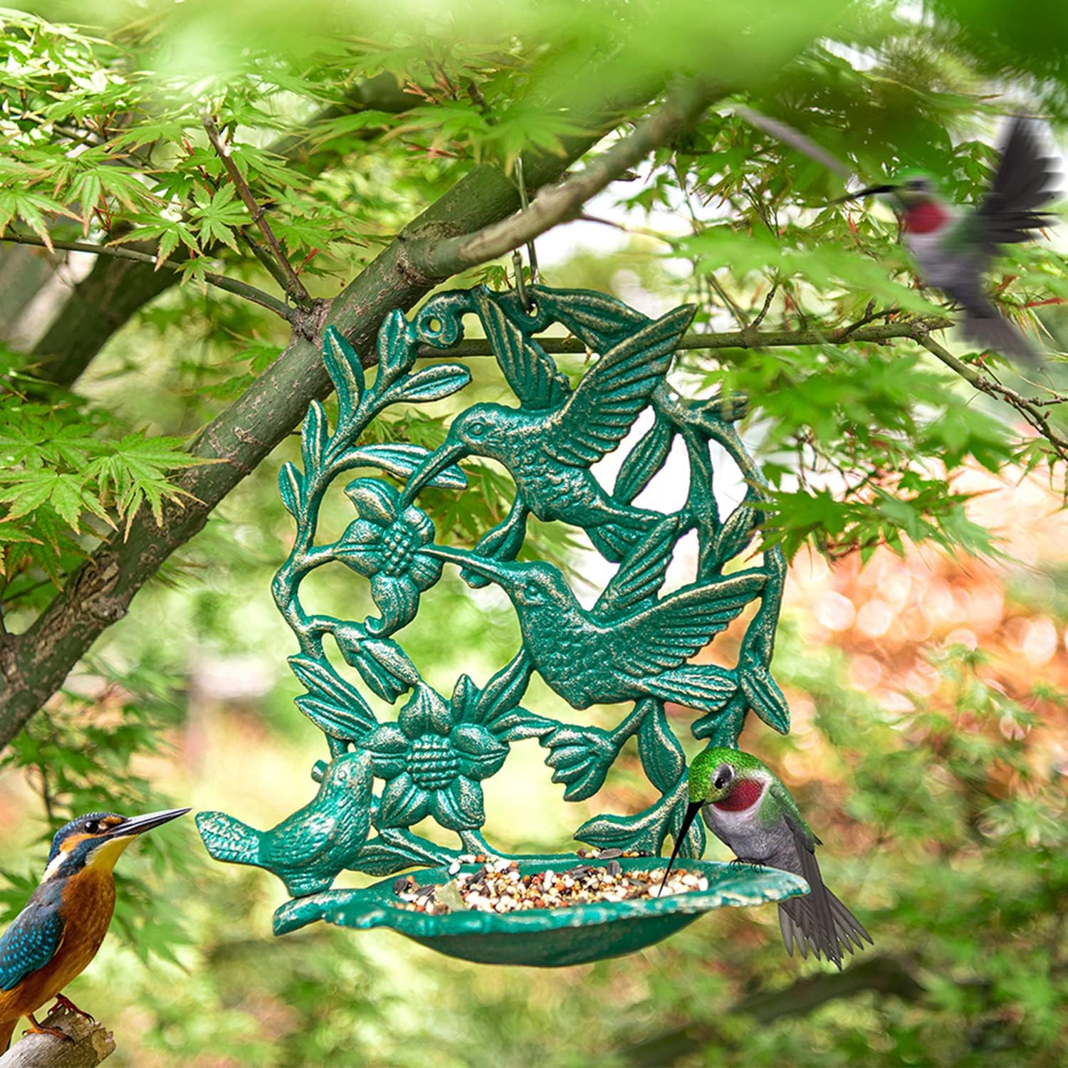 Sungmor Cast Iron Wall-Mounted Bird Feeder, Cute Hummingbird Decor Small Water Bath, Wall Hanging Fence Bird Bath Feeder, Beautiful Green Birdfeeder for Garden Backyard Patio Decoration
