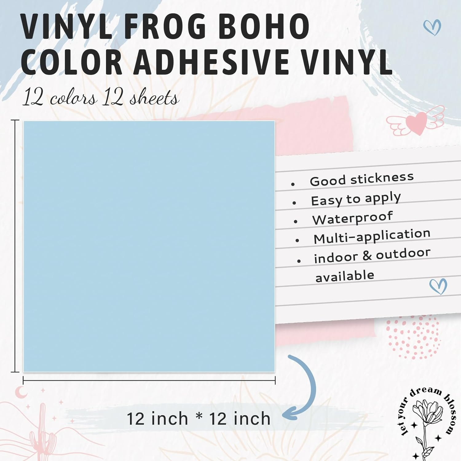 Vinyl Frog Pastel Adhesive Vinyl Bundle - 12 Sheets 12"X12" Matte Boho Craft Vinyl 12 Assorted Colors Vinyl Packs for Most Kinds of Cutting Machines, Car Decal, Decor Sticker image number 6