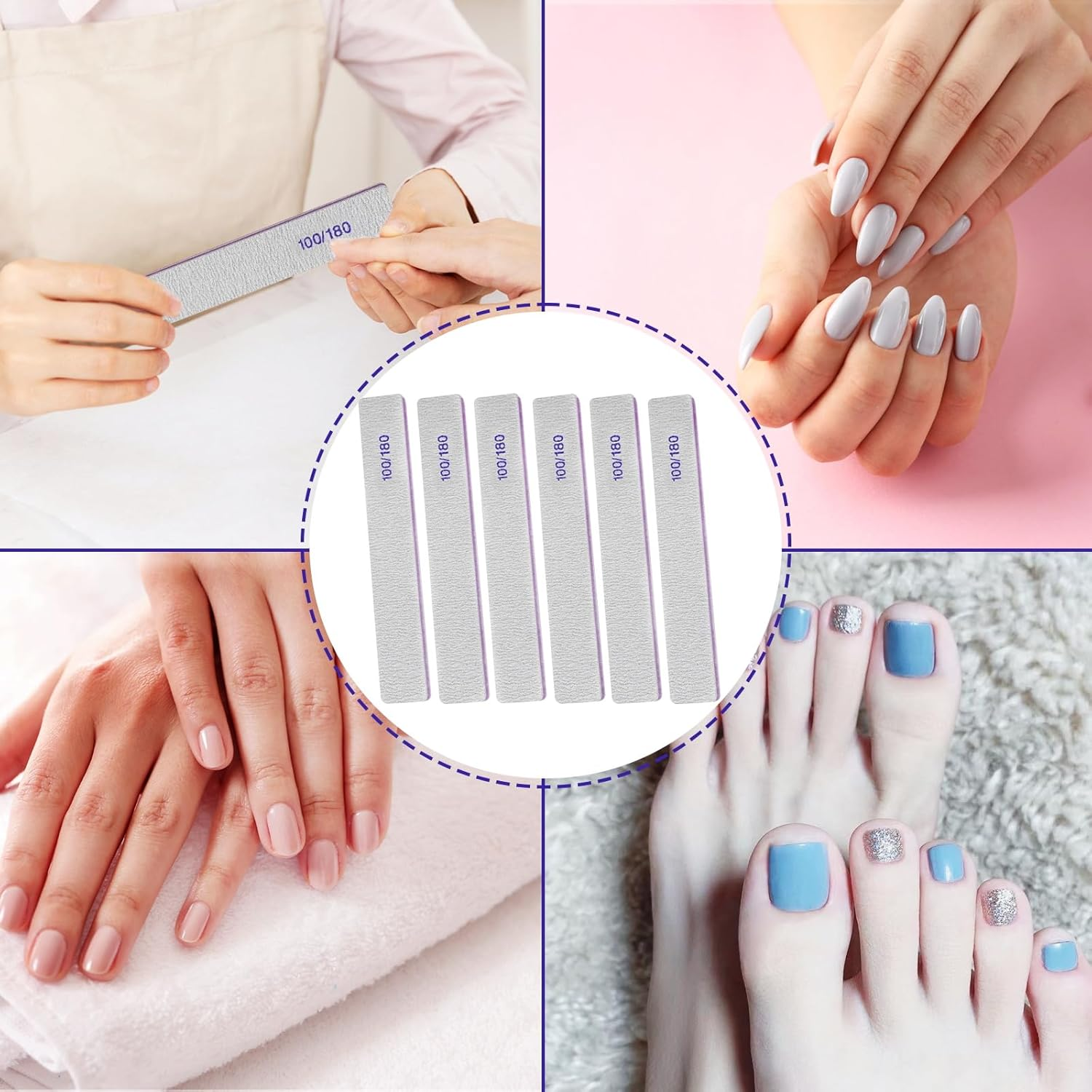 100/180 Grit Nail File (6 Pack), Emery Board Nail Files for Acrylic Nails and Natural Nails, Double Sided Emory Boards Professional Nail Filer Reusable Washable Manicure Square Gray image number 5