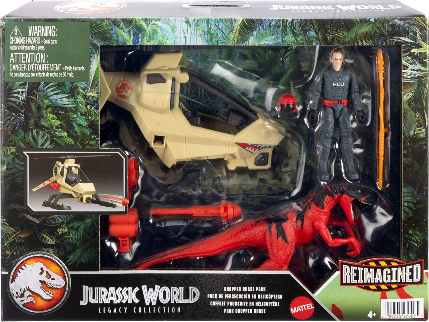 Jurassic World Legacy Collection Reimagined Helicopter, Dinosaur & Human Pack with Projectile, Atrociraptor, Chopper Chase, Digital Play