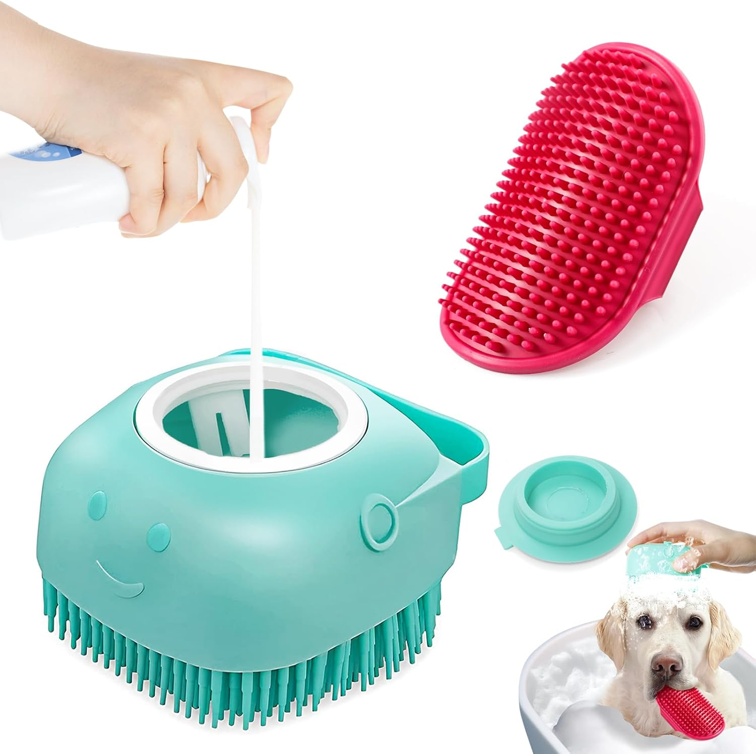 2PC Dog Cat Bath Brush, with Soap and Shampoo Dispenser Dog Grooming Brush Massage Brush Soft Silicone Rubber Bristle for Short Haired Dogs Cats Shower(Pink + Blue) image number 3