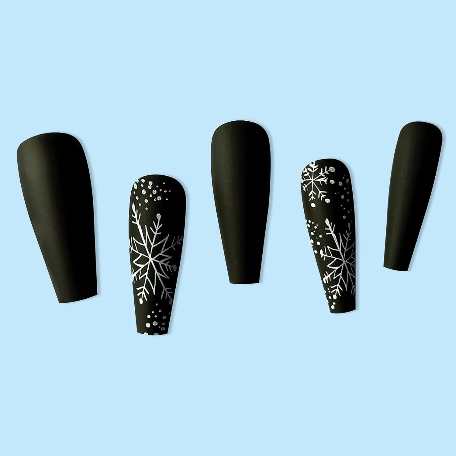 24 Pcs Snowflake Press on Nails Long Black White Christmas Fake Nails Glossy White Snow Glue on Nails Full Cover Coffin Shaped Long Christmas False Nails for Women Manicure Decorations - Christmas Snowflake image number 5