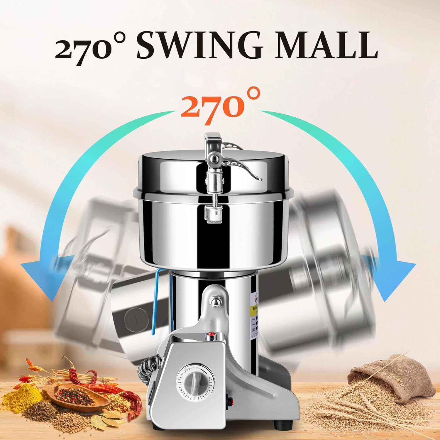 Electric Grain Mill Grinder 800G High Speed Commercial Stainless Steel Grinder Machine Food Grain Mill for Seeds Flour Nut Pill Wheat Corn Herbs Spices Seasonings for Kitchen (800G Swing Type) image number 1