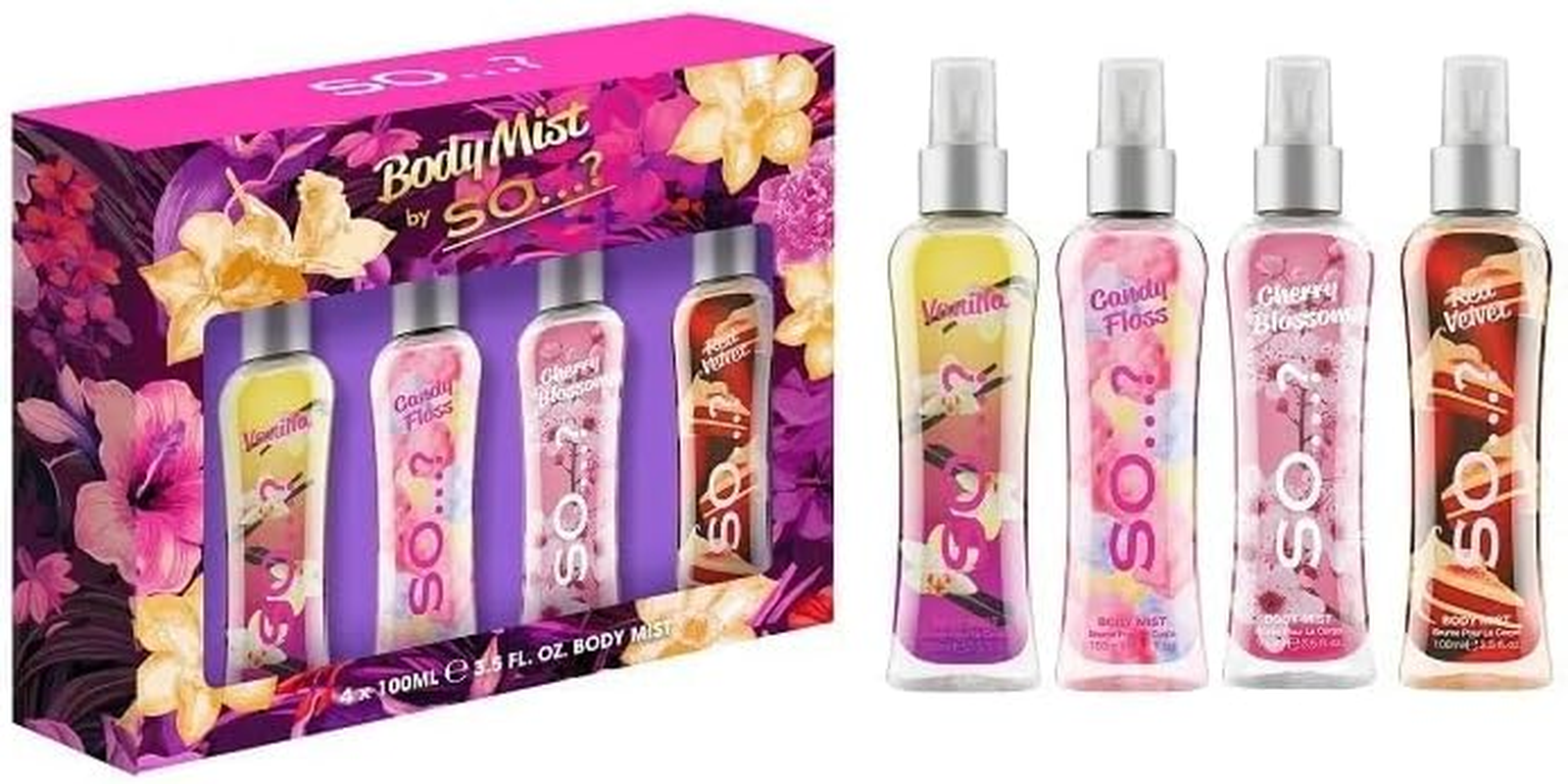 Body Mist by so Luscious Four Mini Mist Fragrance Mist Gift Set for Women, 4 X 100Ml with Vanilla, Candy Floss, Cherry Blossom and Red Velvet - Travel Size Perfume Body Spray Collection image number 3