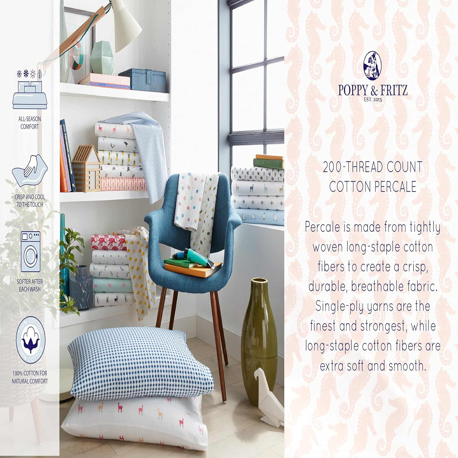 Poppy & Fritz - Twin Sheets, Cotton Percale Bedding Set, Crisp & Cool, Ideal Bedding Set (Goldfish, Twin) image number 6