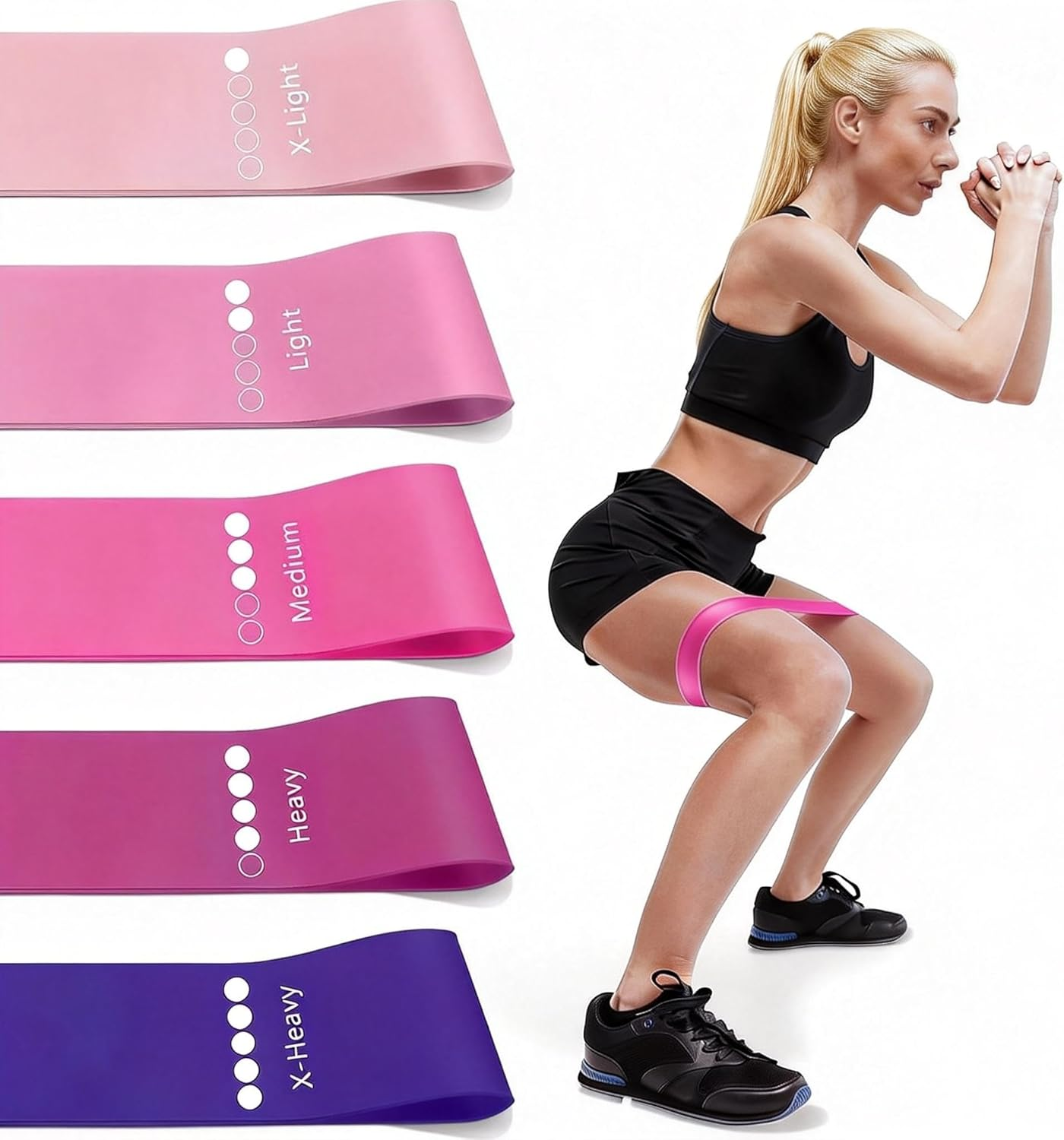 Exercise Bands Set of 5 Rubber Latex Anti-Slip, Resistance Bands, Pilates Flexbands for Workout, Stretching, Physical Therapy, Yoga and Home Fitness With - Pink