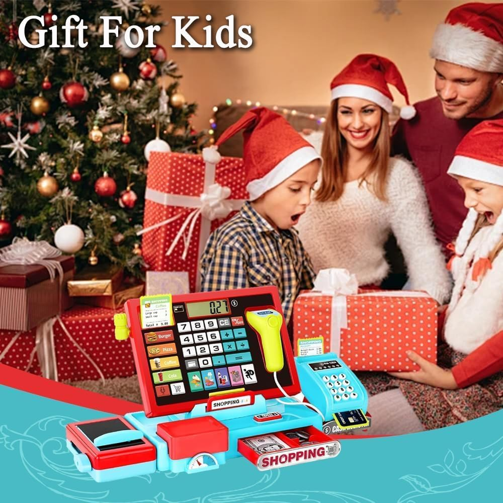 HUAJUN Children'S Electronic Cash Register Toy, Lighting and Sound Shopping Cashier Pretend Game Store, with Calculator/Scanner/Credit Card/Game Currency/Weighing Table, for Toddler Boy Girl image number 4