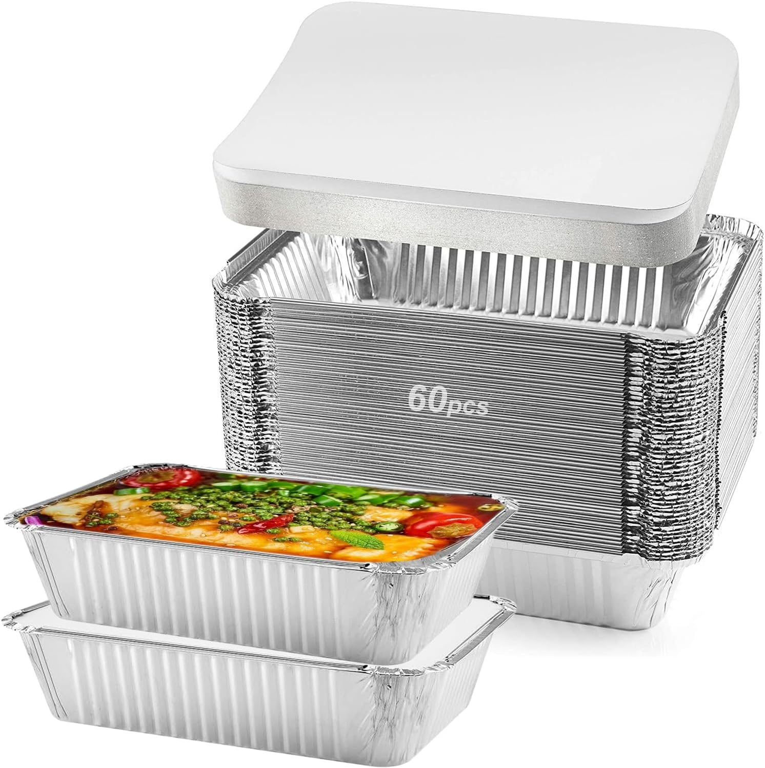 60Pcs Foil Trays with Lid, 21X14X5Cm Aluminium Foil Pan Foil Food Containers- Disposable Food Containers Takeaway Box BBQ Oven Baking for Cooking, Heating,Baking, Meal Prep and Freezer,Takeout image number 4