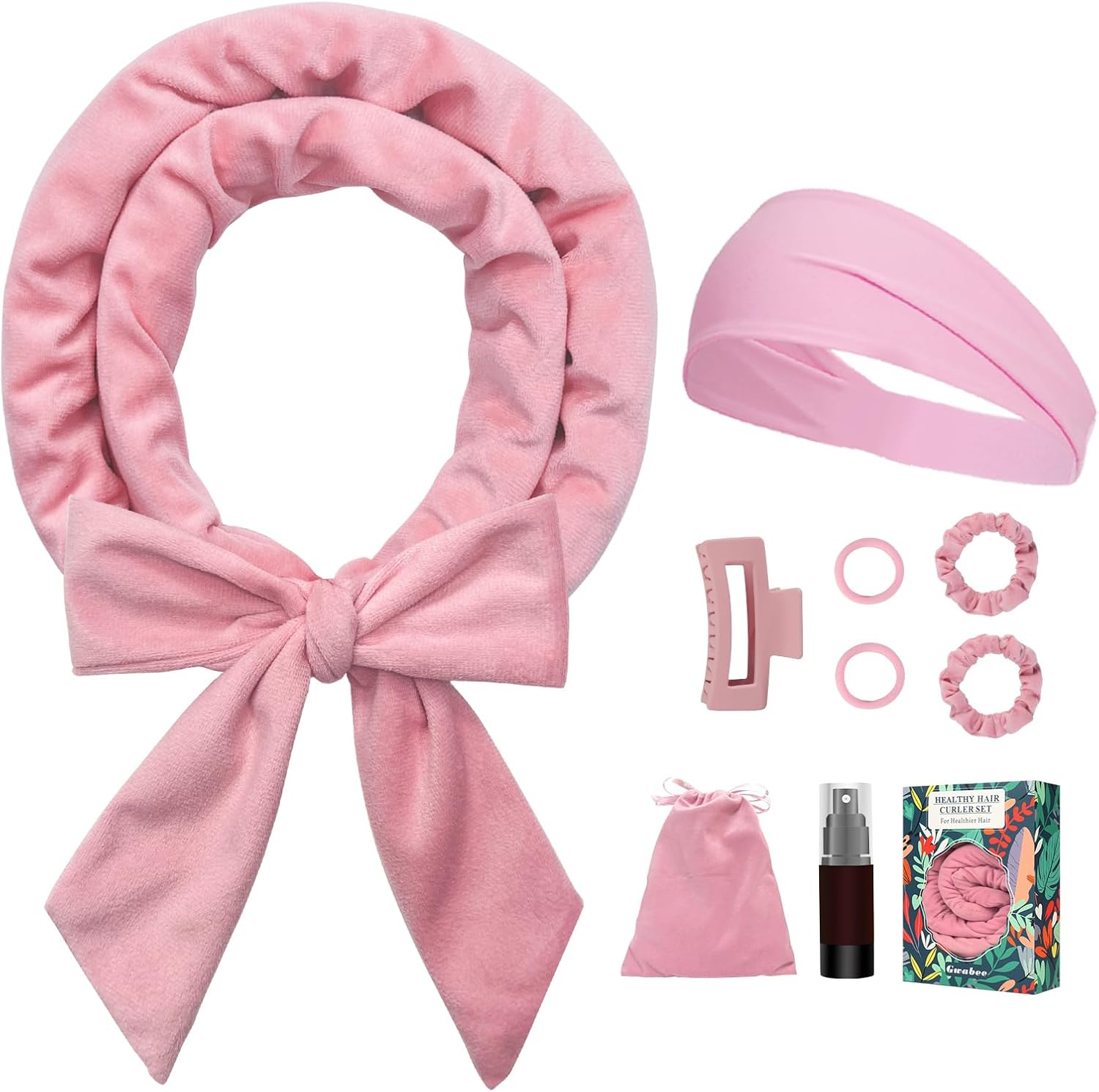 Gwabee No Heat Overnight Curl Headband, 70" Soft Ribbon Curl Wrap for Long Hair - 9 PCS Rods Set with Bonnet, Pink