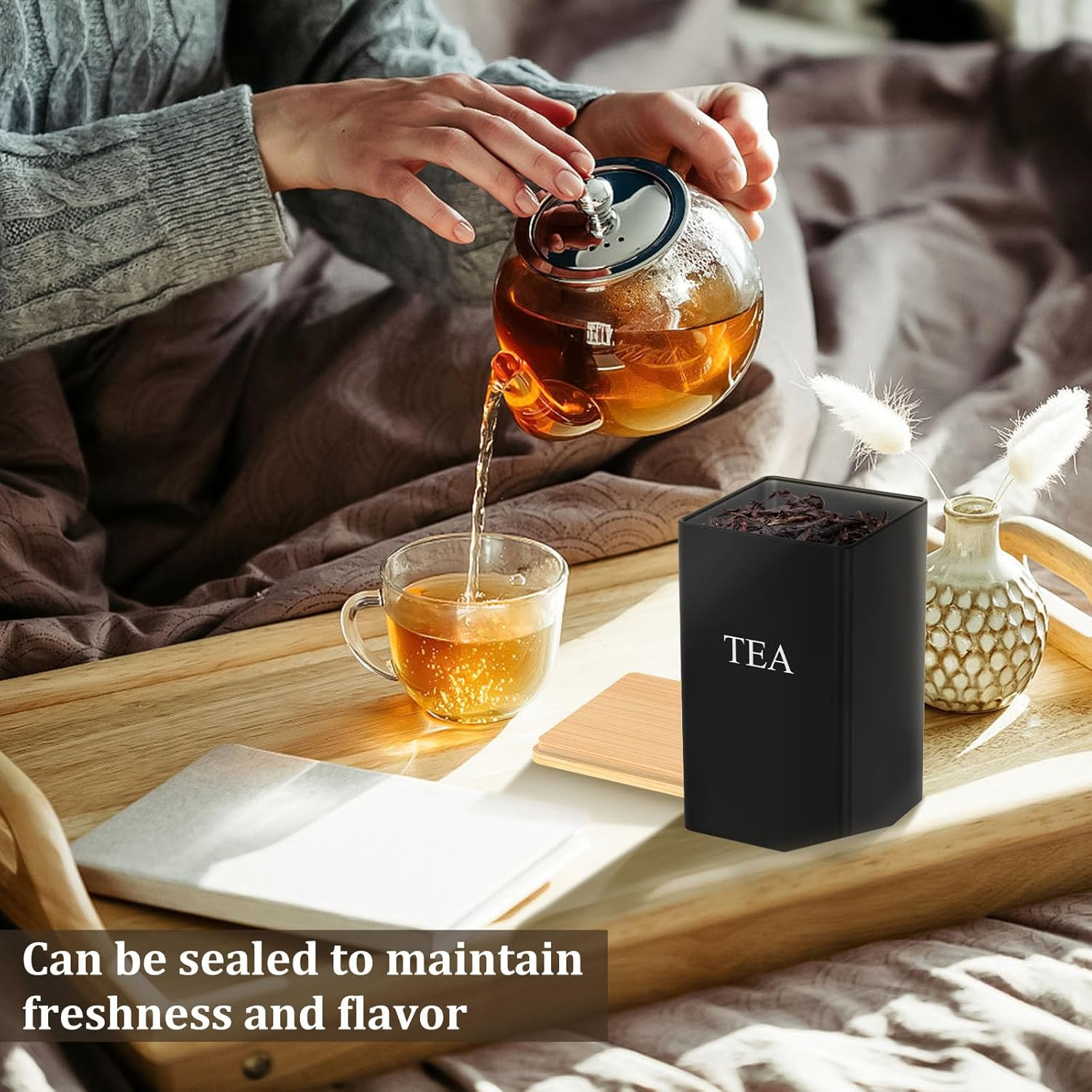 Tea Coffee Sugar Canister 1000 Ml Metal Coffee Tea Sugar Container with Airtight Bamboo Lid and Name Marker Food Storage Containers Jars for Coffee Sugar Tea Black Container Sets (Black) image number 1